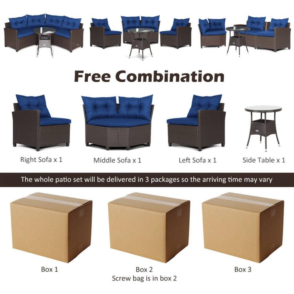 Free Combination

Right Sofa x 1  
Middle Sofa x 1  
Left Sofa x 1  
Side Table x 1  

The whole patio set will be delivered in 3 packages so the arriving time may vary  

Box 1  
Box 2  
Box 3  

Screw bag is in box 2