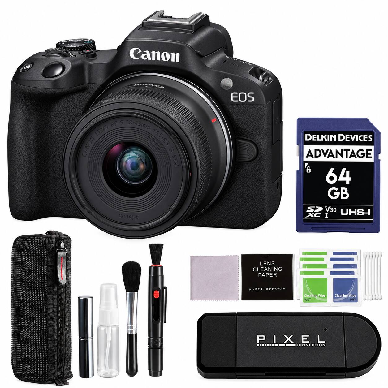 Canon EOS RF-S 18-45mm LENS F4.5-6.3 CANON IS STM  
DELKIN DEVICES ADVANTAGE 64 GB CS V30 XC I UHS-I  
LENS CLEANING PAPER  
Cleaning Wipe NET  
Cleaning Wipe DRY  
PIXEL CONNECTION