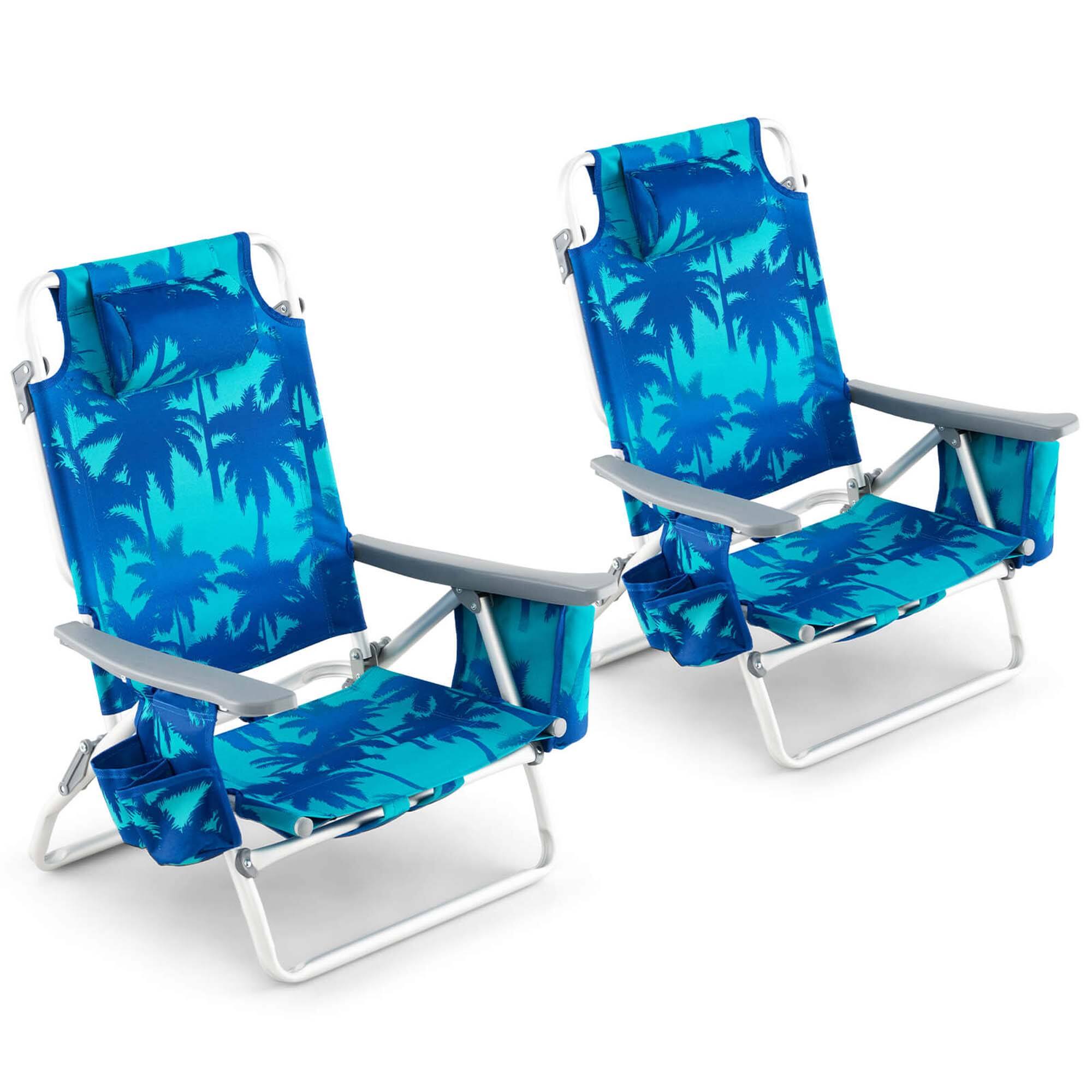 Costway - 2-Pack Folding Backpack Beach Chair 5-Position Outdoor Reclining Chairs with Pillow - Dark Blue