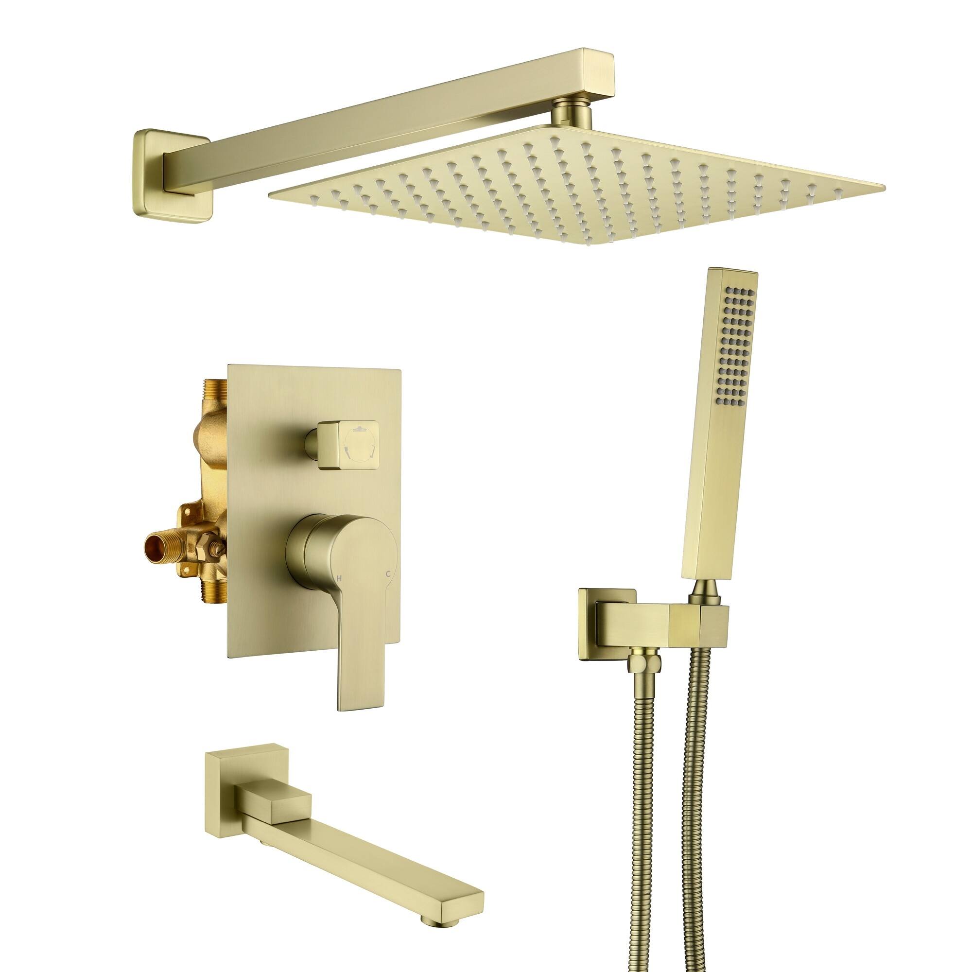 Front. Boyel Living - Brushed Gold 10-Inch Rain Shower System Brass SUS304 3-Function Valve Handheld 180° Spout cUPC - Brushed Gold.