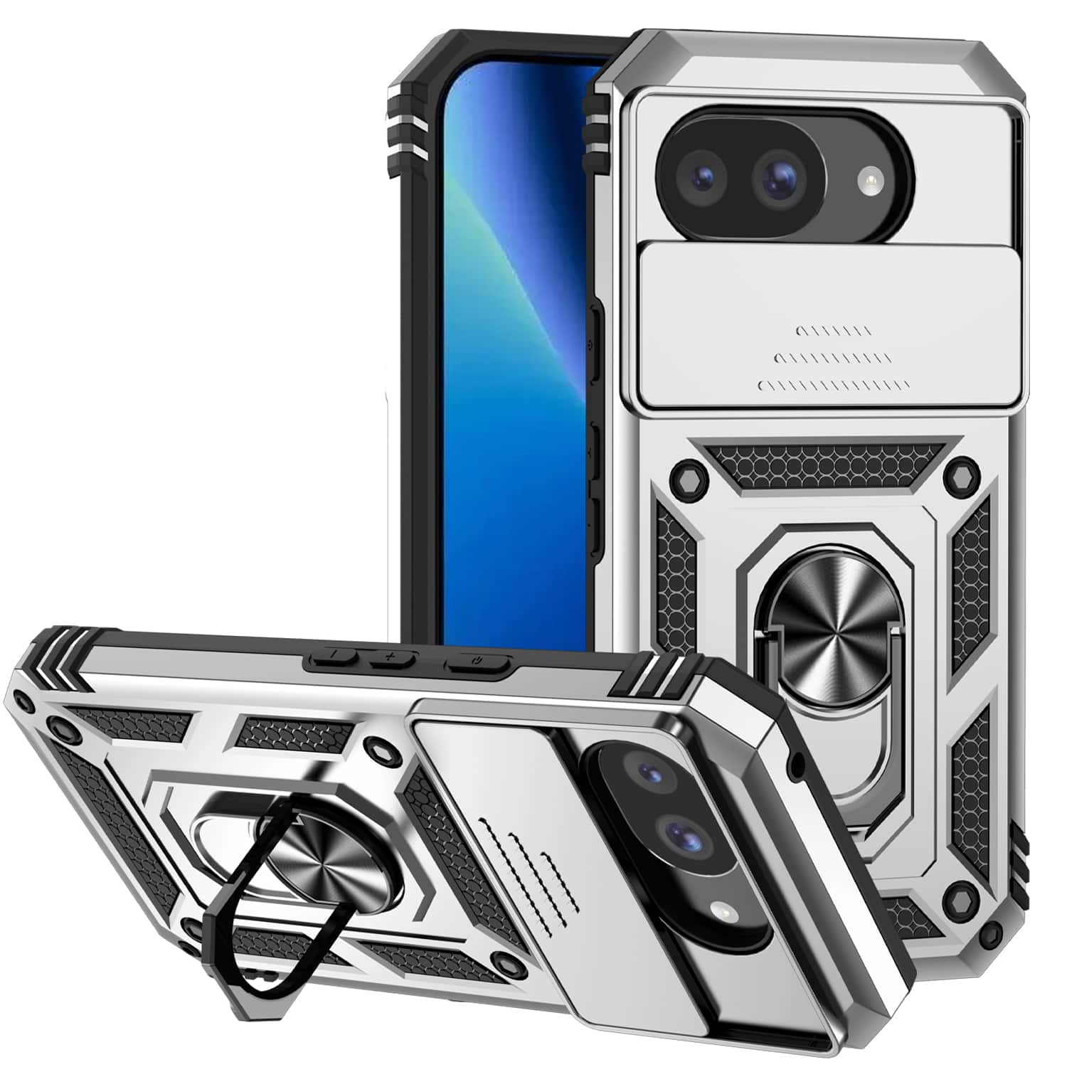 UUCOVER - Rugged Protective Case for Google Pixel 9A,Shockproof TPU+PC Case Slide Camera Cover Ring Holder Stand Cover - Silver price history on PriceWatchPro