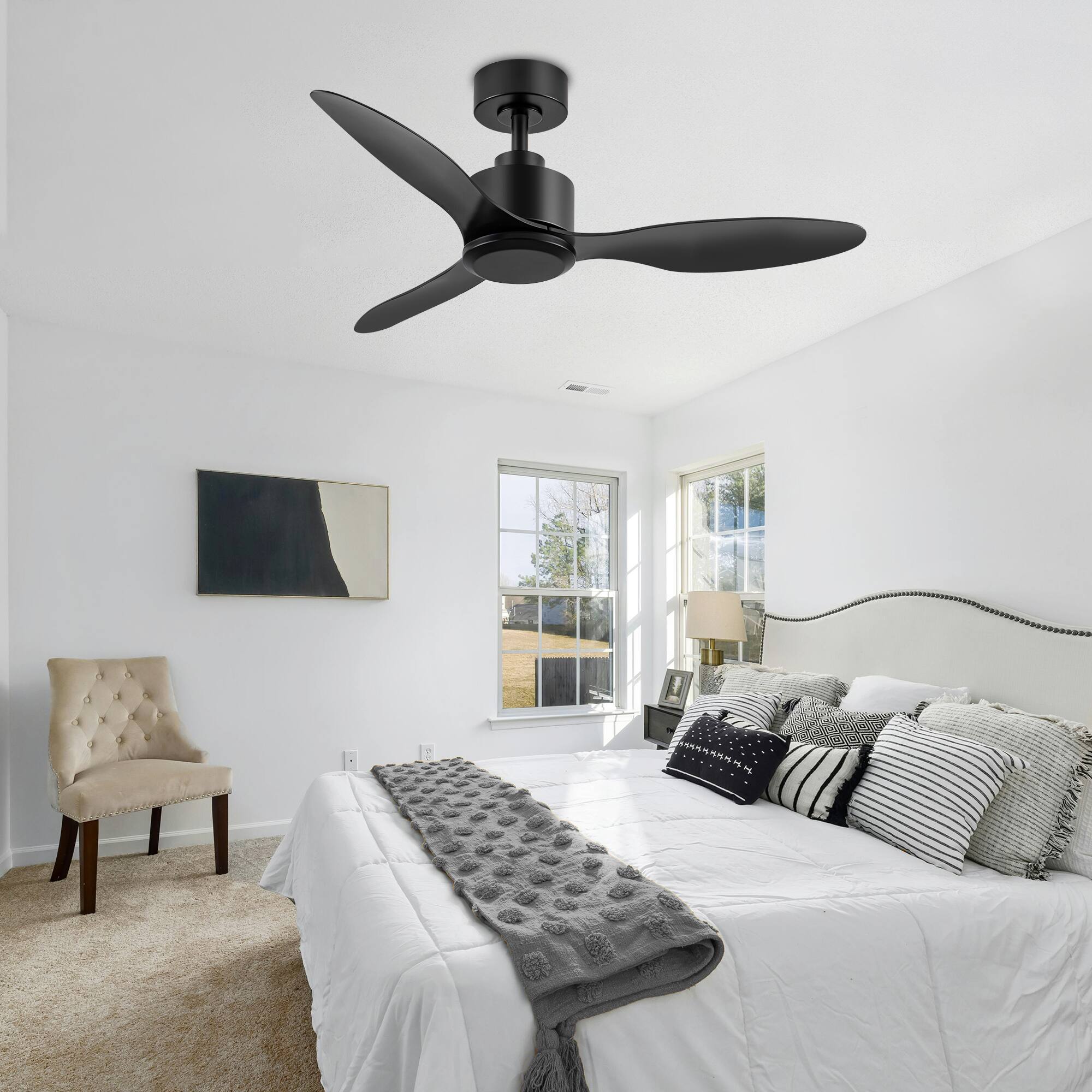 Alt View 6. Breezary - 42" Modern Indoor Ceiling Fan, 3 ABS Blades, 6-Speed DC Motor, Remote Control, Timer, 5'' Downrod, Light/No Light Option - Matte Black (Without Light).