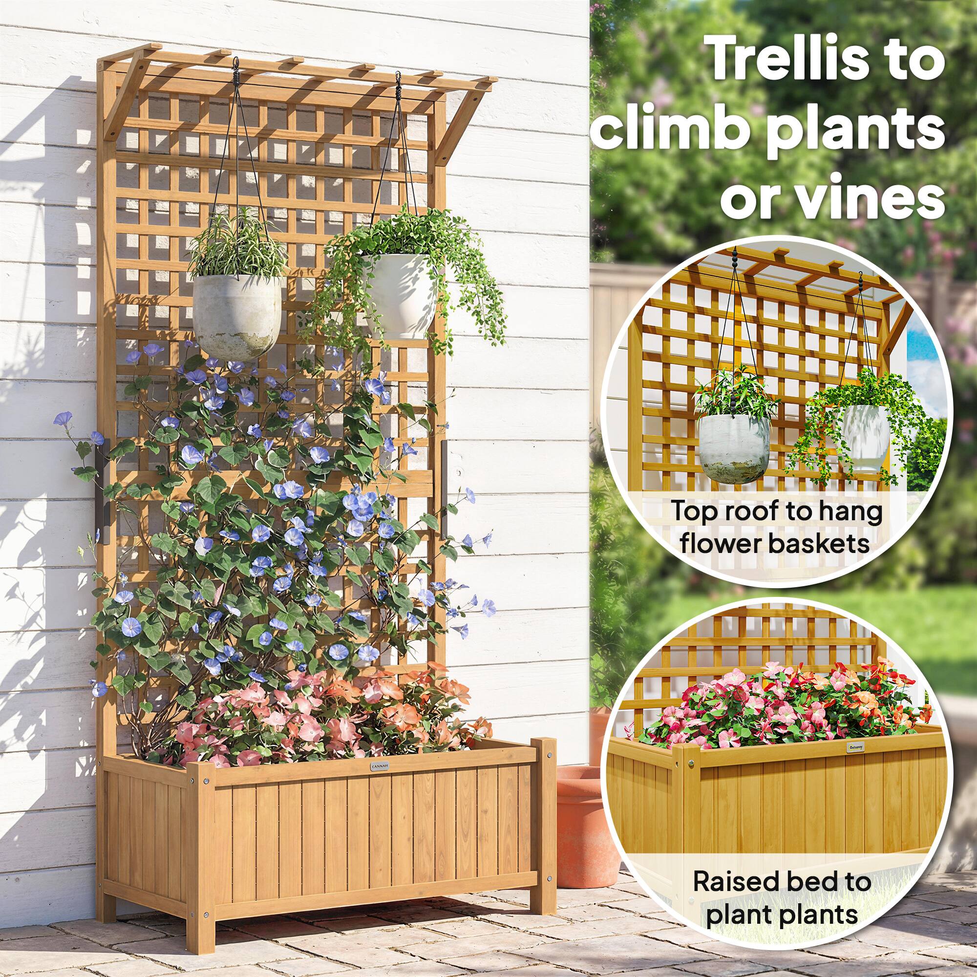 Trellis to climb plants or vines  
Top roof to hang flower baskets  
Raised bed to plant plants