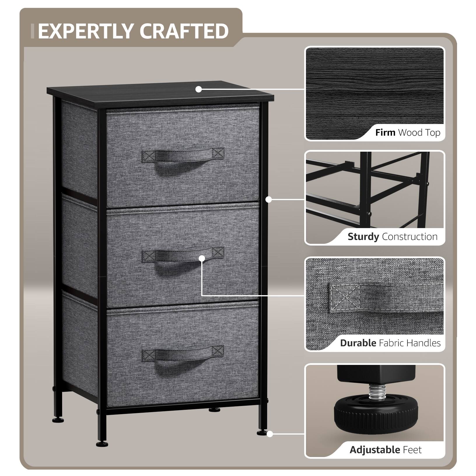 EXPERTLY CRAFTED

- Firm Wood Top
- Sturdy Construction
- Durable Fabric Handles
- Adjustable Feet