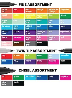 FINE ASSORTMENT  
- racy red  
- red  
- optic orange  
- orange  
- leg warmer orange  
- tangerine  
- peach  
- yellow  
- banana clip  
- super sonic yellow  
- lime green  
- green  
- argyle green  
- mint  
- jetset jado  
- aqua  
- nano blue  
- brilliant blue  
- surf blue  
- sky blue  
- techno blue  
- valley girl blue  
- ice blue  
- navy blue  
- techno purple  
- ultra violet  
- boysenberry  
- violet  
- berry magenta  
- power jellie pink  
- pink lemonade  
- brown  
- slate grey  
- black  

TWIN TIP ASSORTMENT  
- red  
- orange  
- lime  
- green  
- blue  
- navy  
- purple  
- berry  
- magenta  
- black  

CHISEL ASSORTMENT  
- red  
- green  
- turquoise  
- blue  
- navy  
- magenta  
- slate grey  
- black