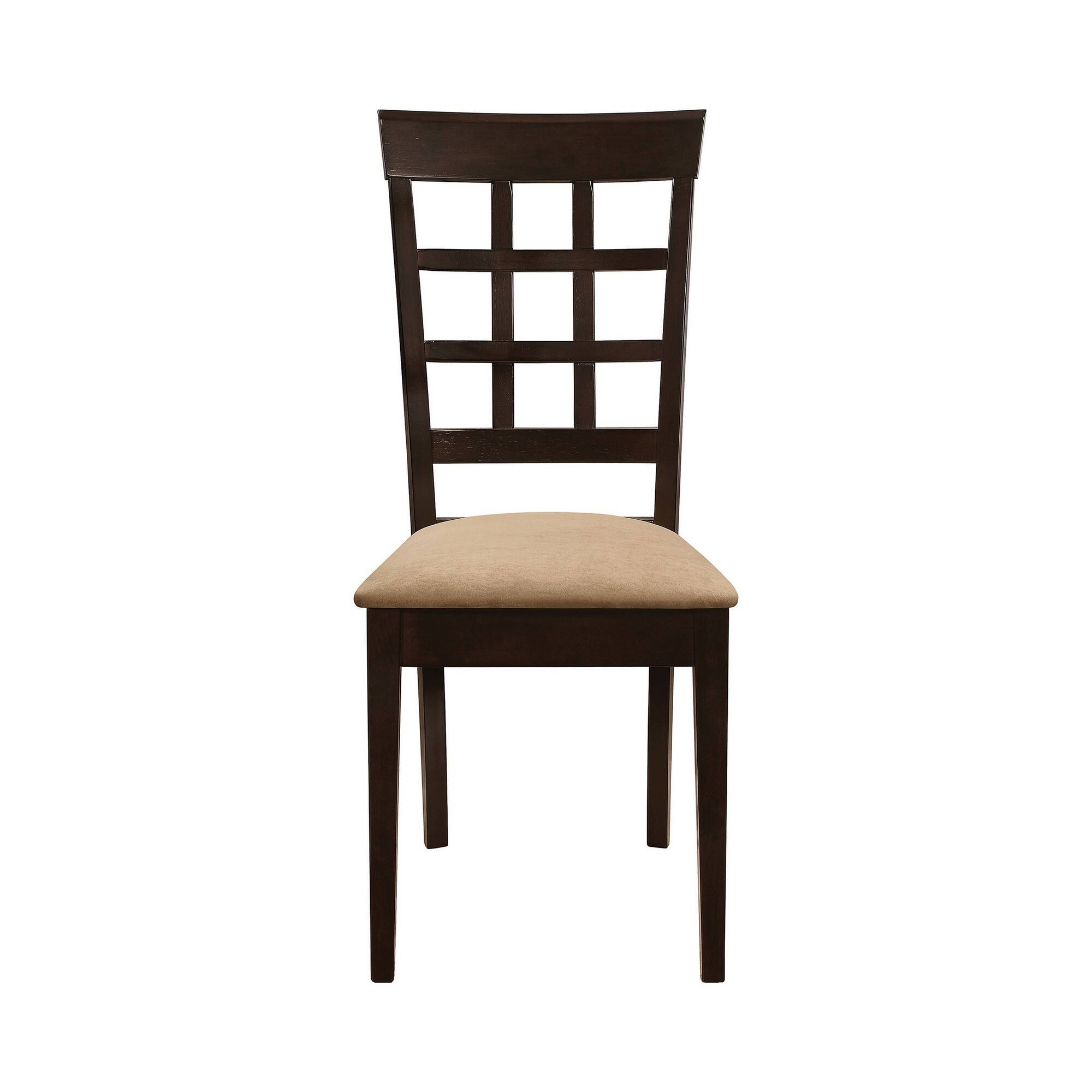 Alt View 1. Manhattan Lane - 17 Inch Side Dining Chair, Set of 2, Lattice Back Brown Wood, Tan Fabric - Tan, Brown.