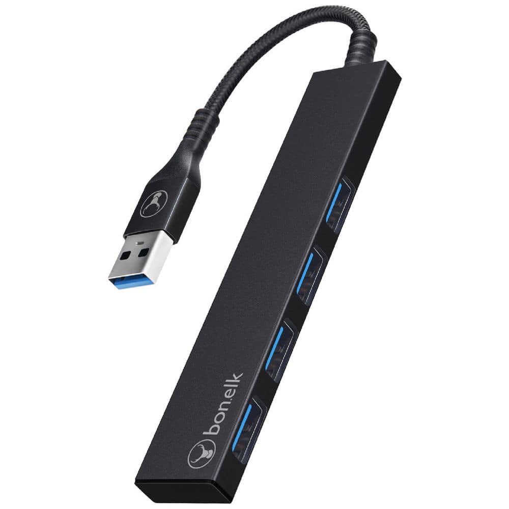 Bonelk - Long-Life USB-A to 4-Port USB 3.0 Slim Hub - Black