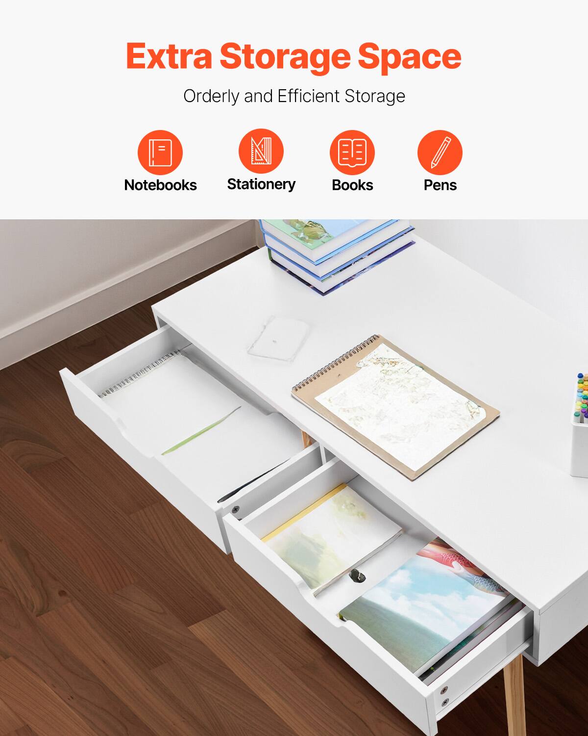 Extra Storage Space  
Orderly and Efficient Storage  

- Notebooks  
- Stationery  
- Books  
- Pens