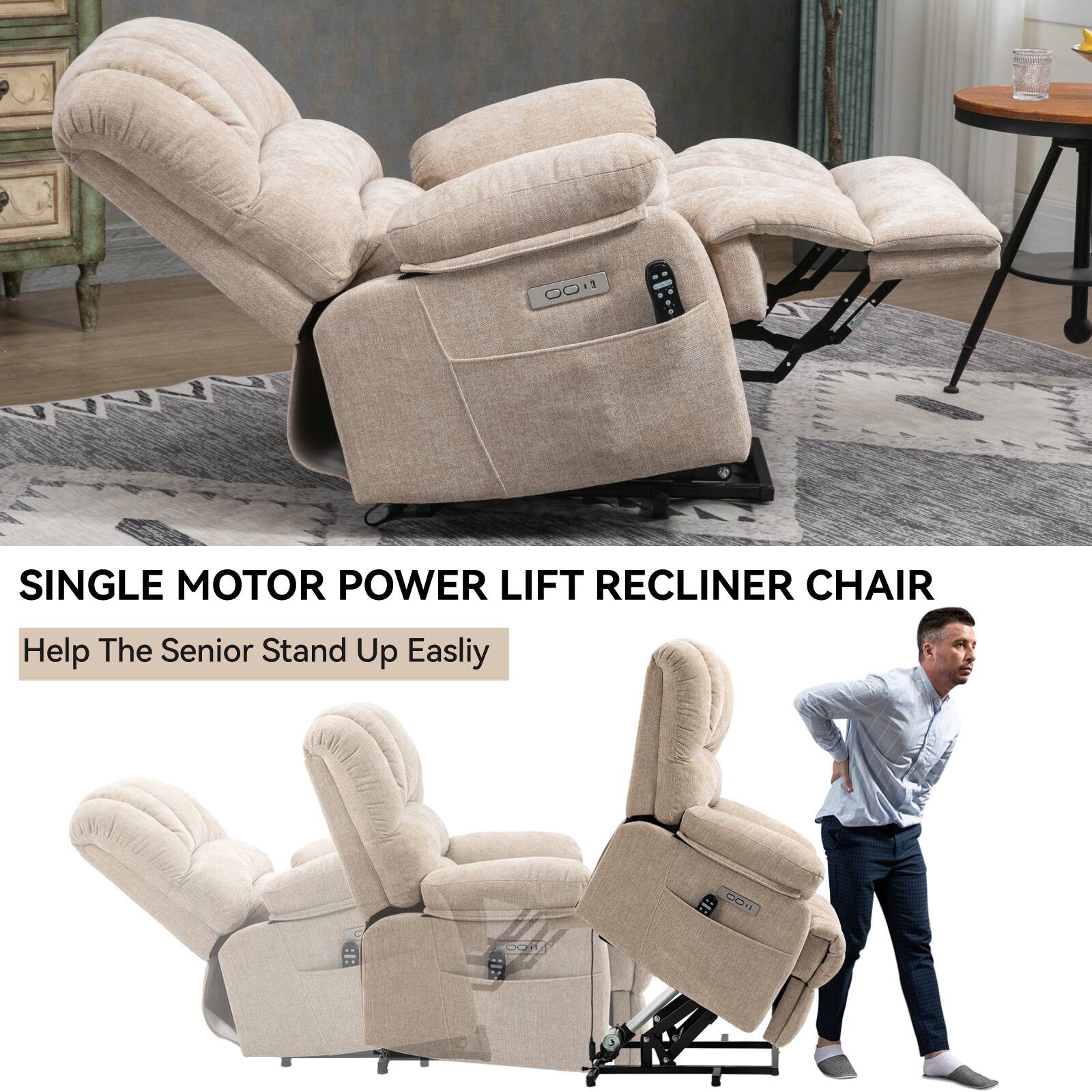SINGLE MOTOR POWER LIFT RECLINER CHAIR  
Help The Senior Stand Up Easily