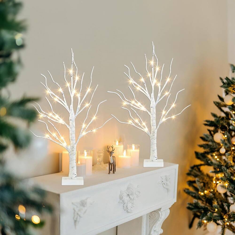 Left. RTMB - 2-Pack 2 FT Lighted Birch Trees with Warm White LED Lights and Timer - White.