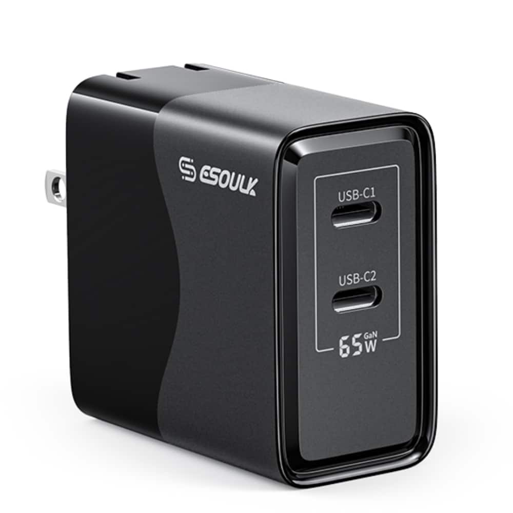 Esoulk - Premium 65W GaN 2-Port Dual USB-C Wall Charger Adapter for iPhone 17 Pro Max, Macbook, iPad, iPhone, Samsung Smartphones - Black