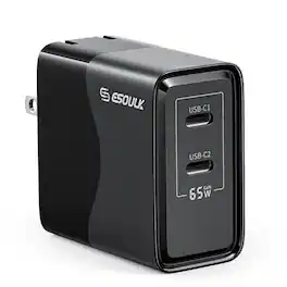 Esoulk - Premium 65W GaN 2-Port Dual USB-C Wall Charger Adapter for iPhone 17 Pro Max, Macbook, iPad, iPhone, Samsung Smartphones - Black