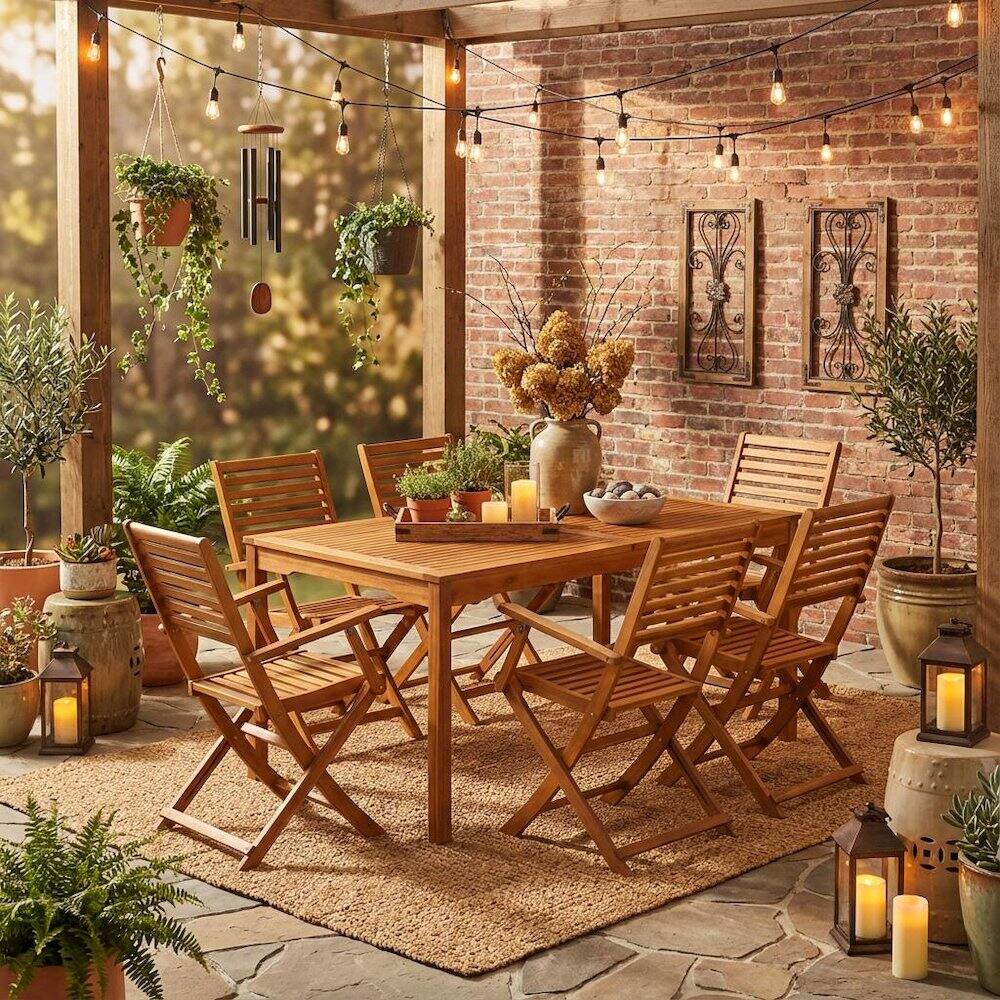Alt View 3. Outdoor Escape - Oil-Finished Wooden Patio Set with Dining Table and 6 Chairs - Brown.