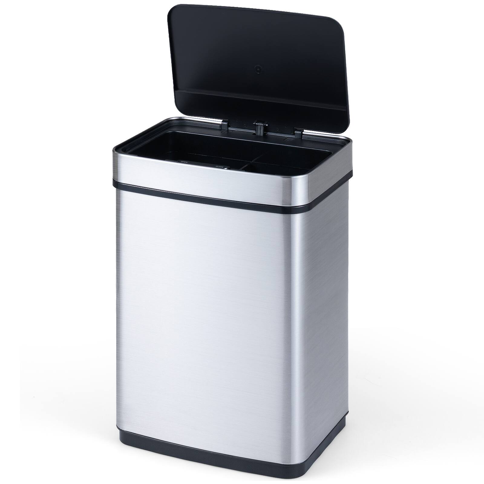 Front. Gymax - Gymax 16 Gallon Trash Can w/Dual Compartments for Bedroom Bathroom Kitchen Stay Open - Silver.