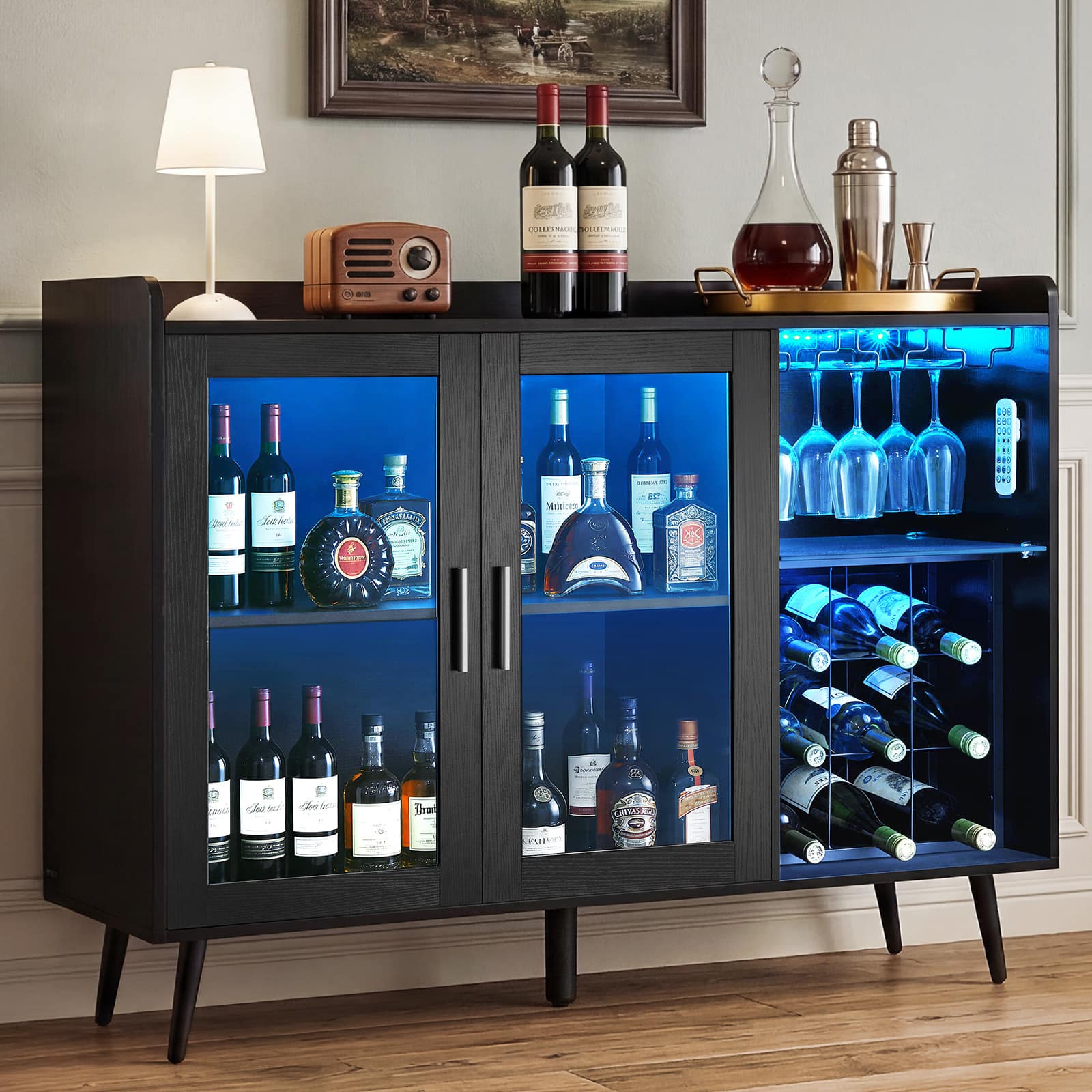 VEVOR - Wine Cabinet, Coffee Bar Cabinet with 9 Wine Bottle Racks, Modern Buffet Sideboard with Glass Holder, Adjustable LED - Black Wood Grain