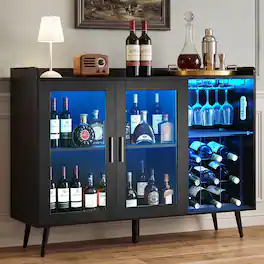 VEVOR - Wine Cabinet, Coffee Bar Cabinet with 9 Wine Bottle Racks, Modern Buffet Sideboard with Glass Holder, Adjustable LED - Black Wood Grain
