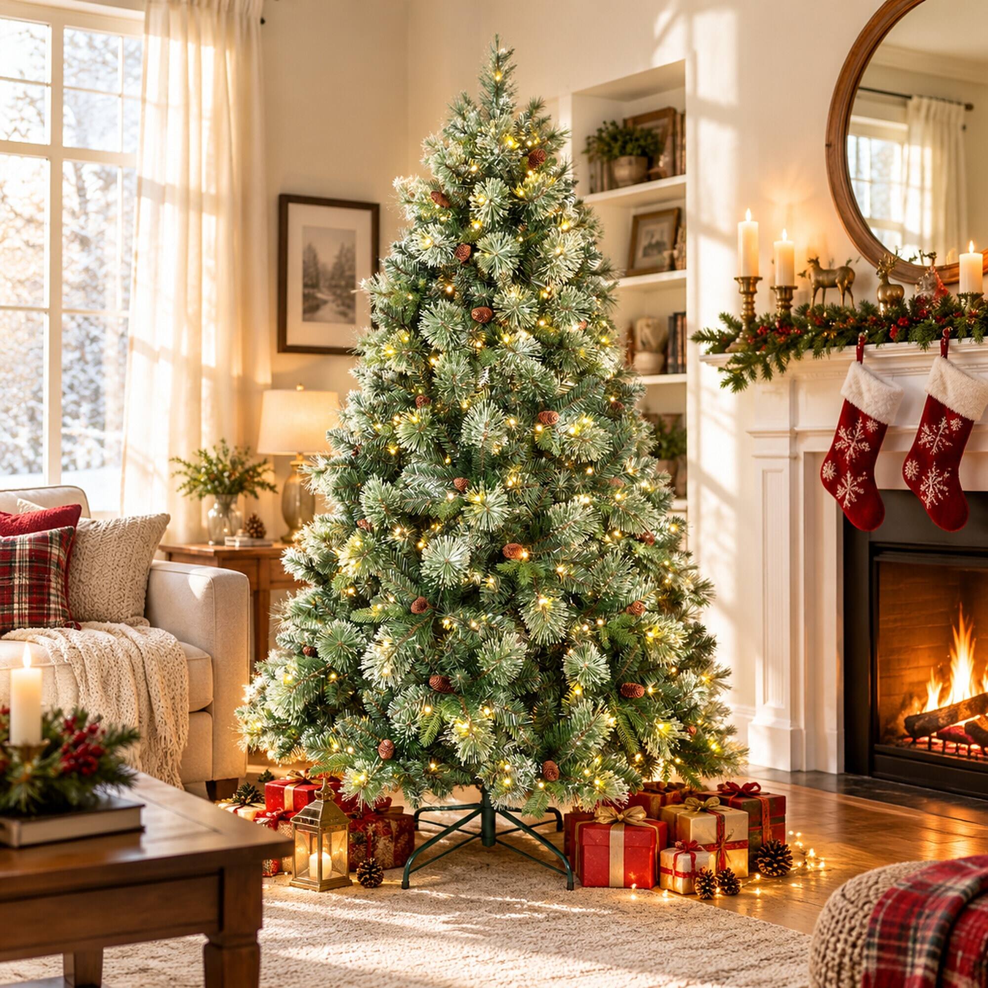 RYHNUYNE 7FT Pre Lit Artificial Christmas Tree With 500 Warm White LED ...
