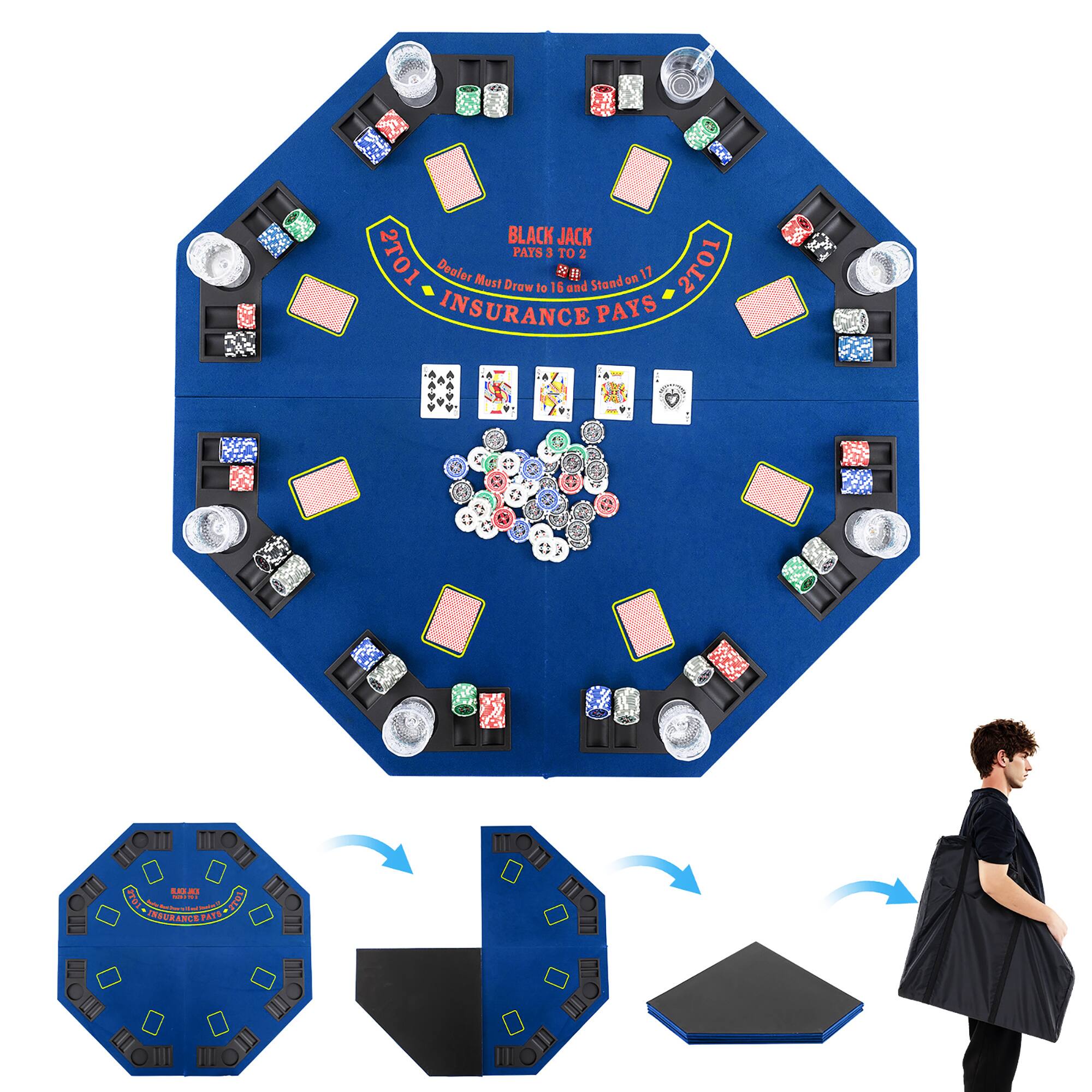 Gymax - 8-Player Portable Poker Table Top w/Cup Holders & Chip Trays Carrying Bag - Blue