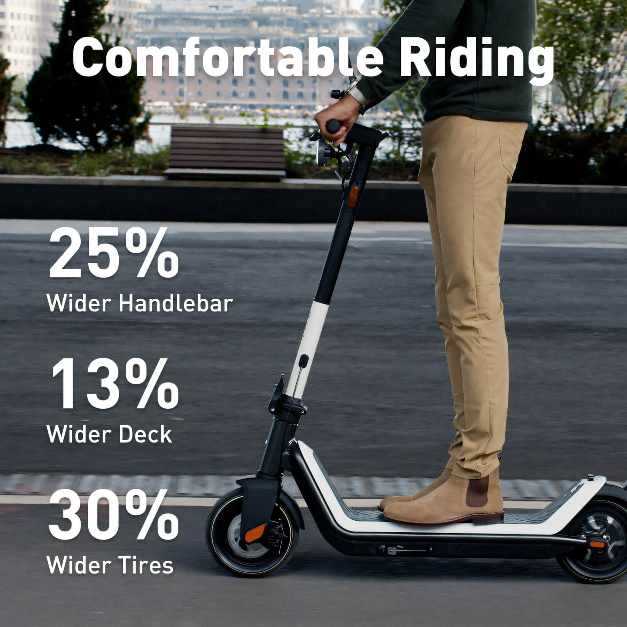The text on the image is grouped and corrected as follows:
Comfortable Riding:
- 25% Wider Handlebar
- 13% Wider Deck
- 30% Wider Tires