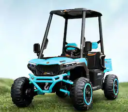 BreeBe - 24V Kids 2-Seater Golf Cart, 4WD, Remote Control, Sun Shade, Storage Trunk, LED Lights, Sounds, Bluetooth, Age 3+ - Blue