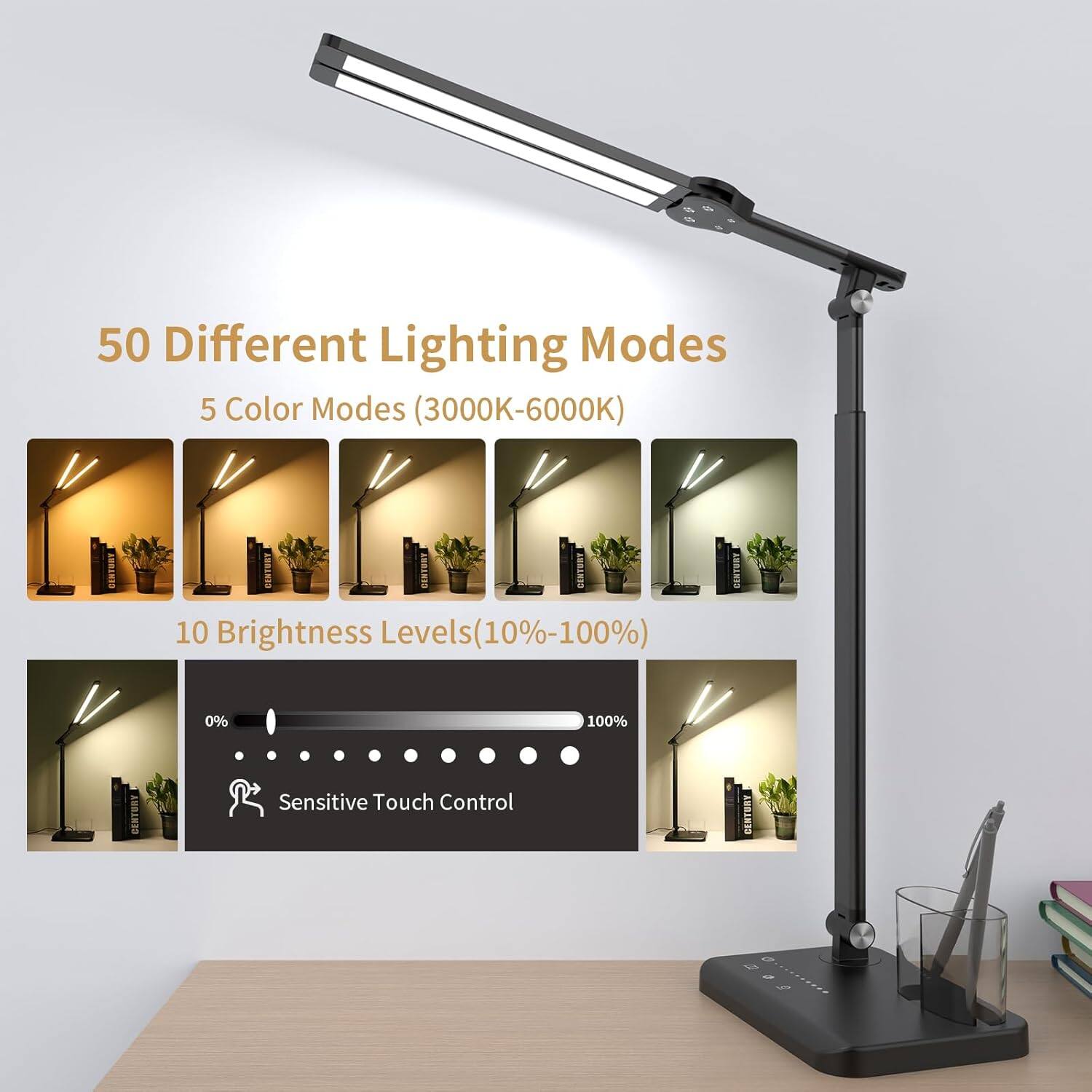 50 Different Lighting Modes  
5 Color Modes (3000K-6000K)  
10 Brightness Levels (10%-100%)  
0% 100%  
Sensitive Touch Control
