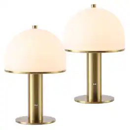Jonathan Y - Imani 12.25" Metal Rechargeable Table Lamp Set of 2, White Glass Dome Shade, Touch Dimmable Cordless Light - Brass Gold