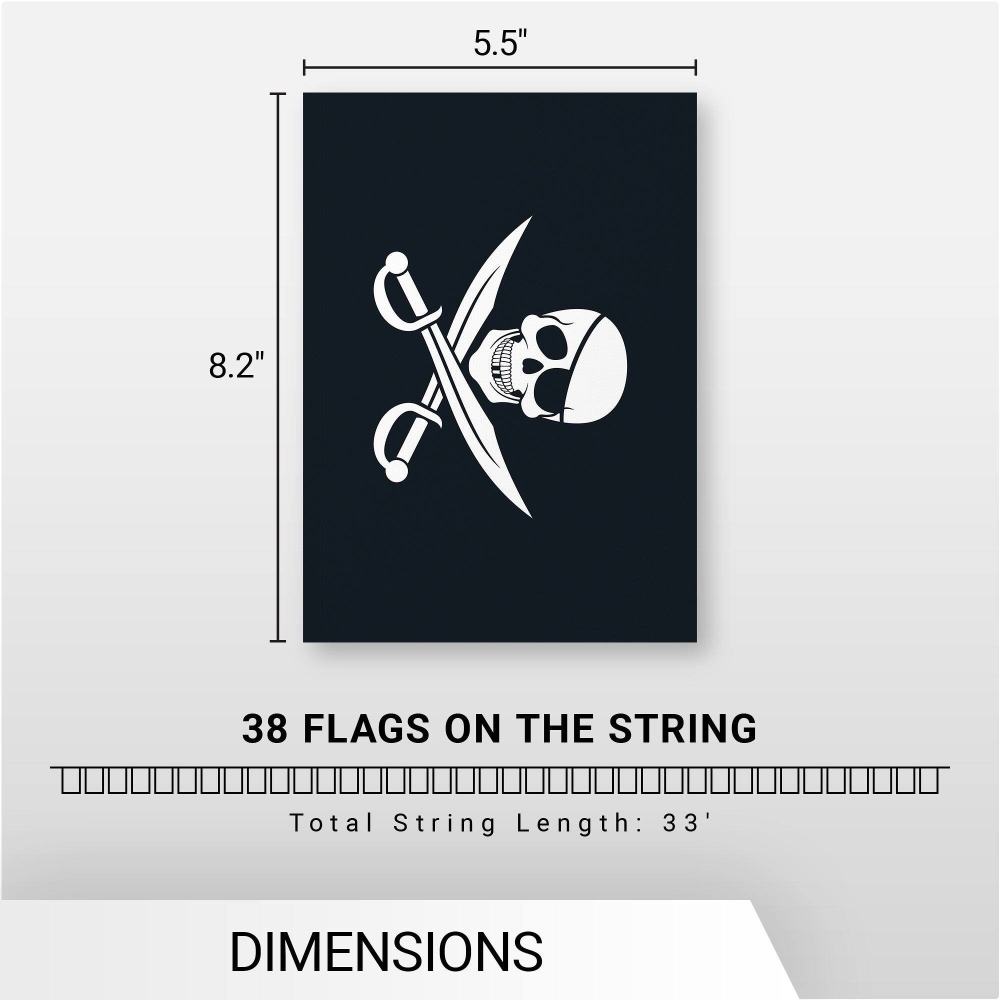 5.5"  
8.2"  

38 FLAGS ON THE STRING  
Total String Length: 33'  

DIMENSIONS