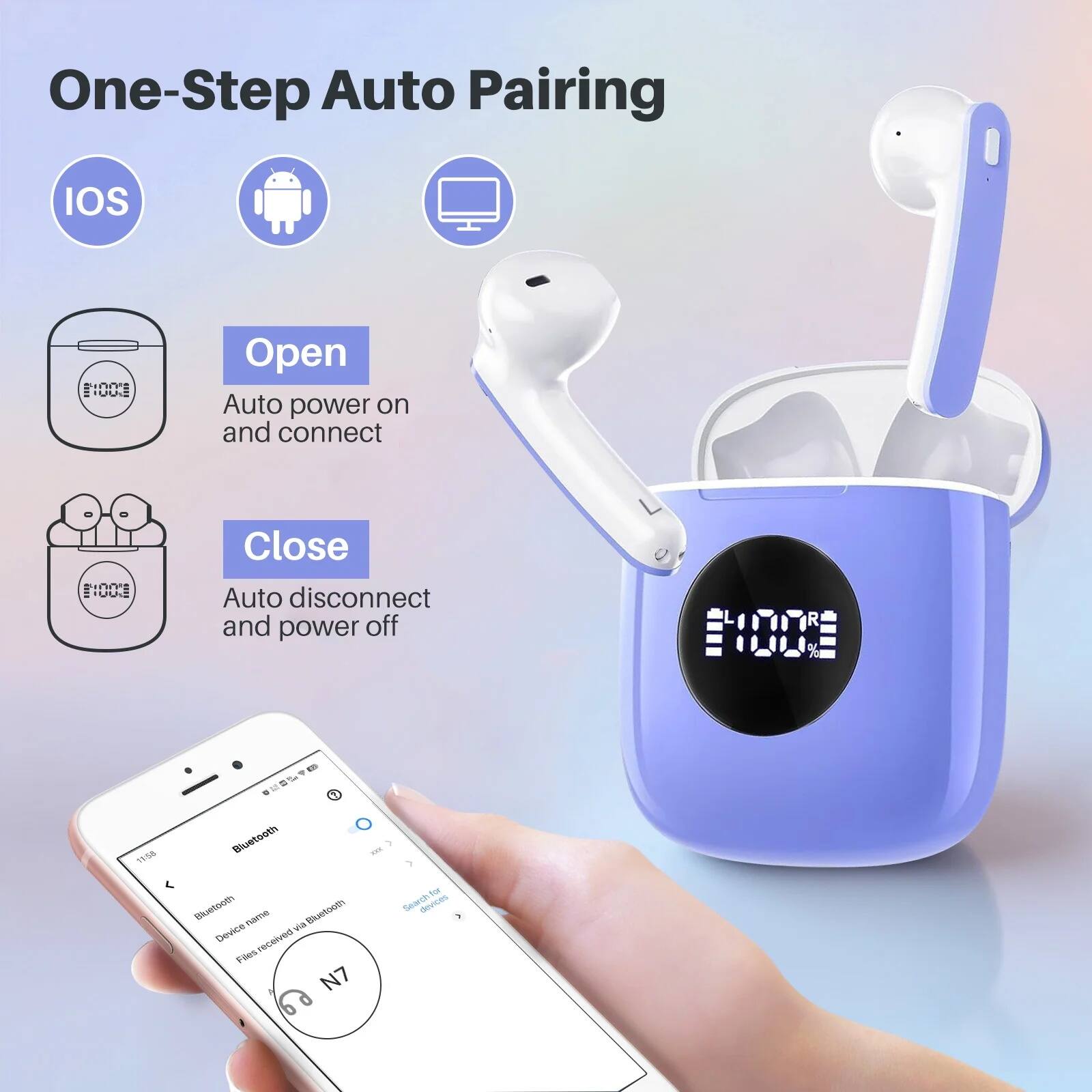 One-Step Auto Pairing

IOS

Open
Auto power on and connect

Close
Auto disconnect and power off

11000 - . Te i 158 Bluetooth 3 -. Buntoet mame Bluetooth Device Via received Filos N7 d To Search devices