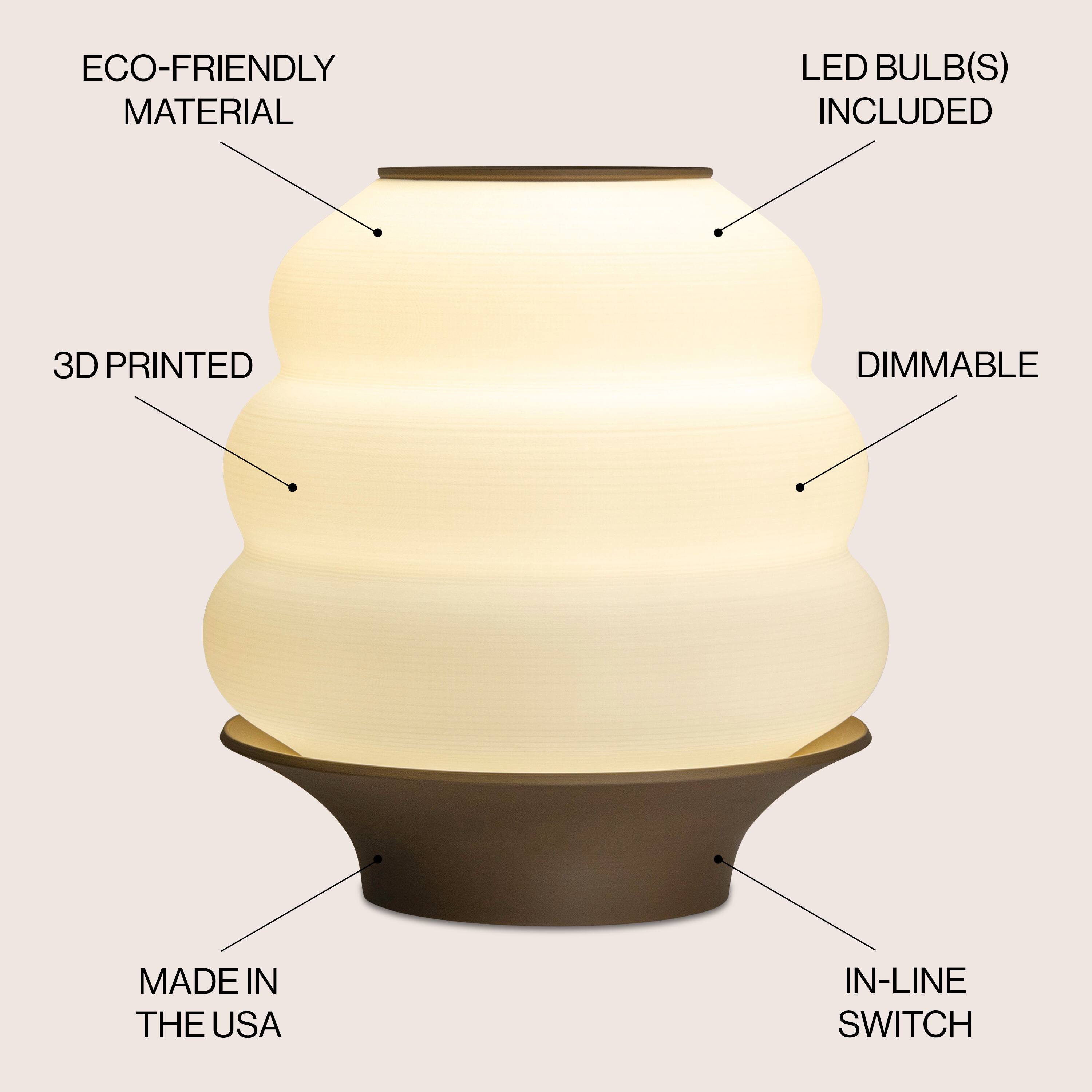 ECO-FRIENDLY MATERIAL  
LED BULB(S) INCLUDED  
3D PRINTED  
DIMMABLE  
MADE IN THE USA  
IN-LINE SWITCH