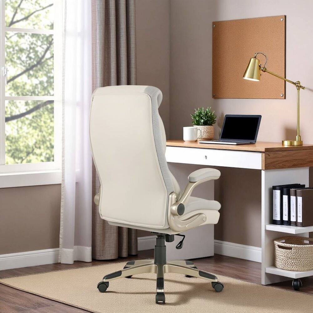 Alt View 8. FurniFact - Taupe Bonded Leather Executive Chair With Cocoa Coated Base and Wheels - Taupe / Cocoa.