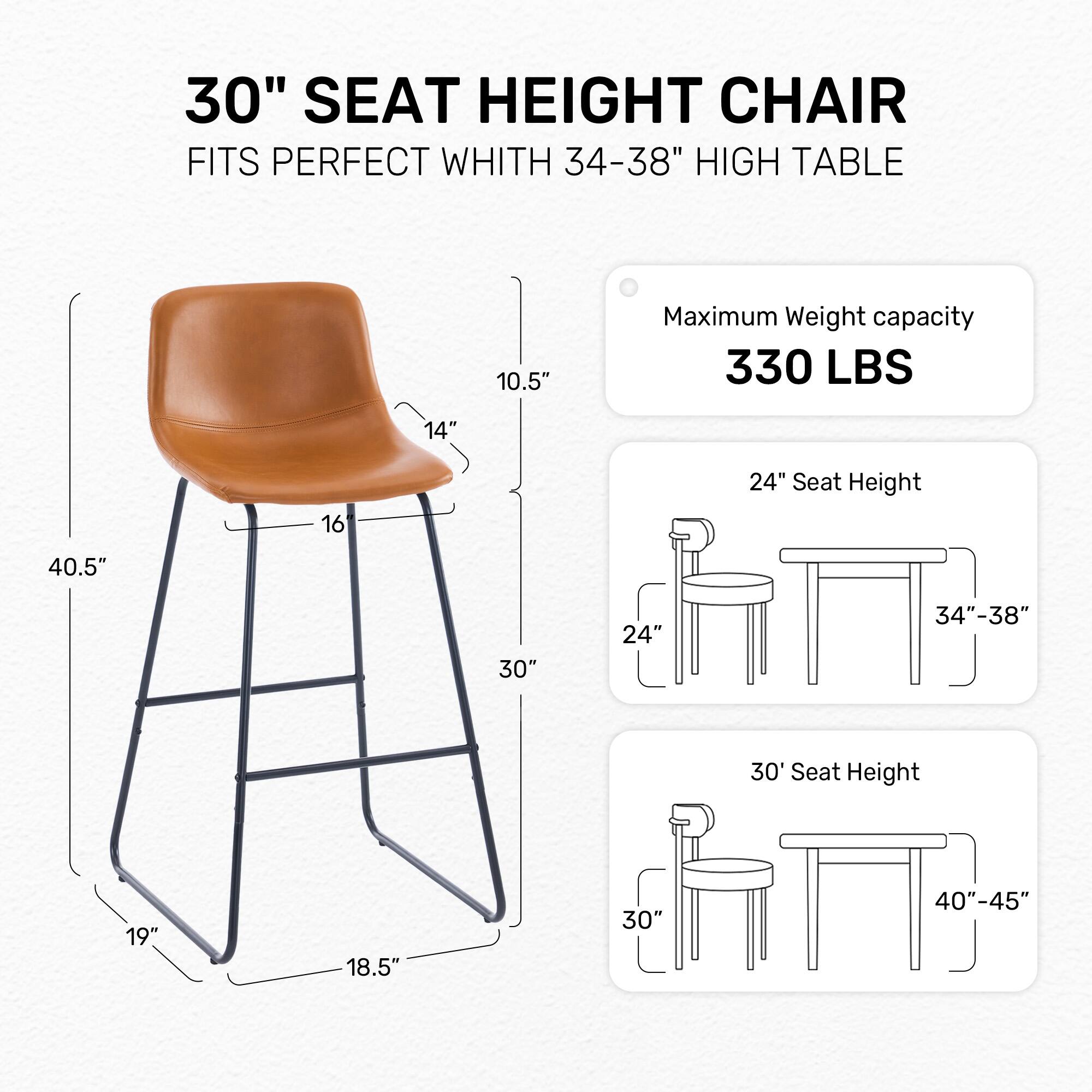 30" SEAT HEIGHT CHAIR FITS PERFECT WHITH 34-38" HIGH TABLE

Maximum Weight capacity 330 LBS

10.5" 14" 16" 24" Seat Height 40.5" 30" 19" 18.5" 30" 40"-45"