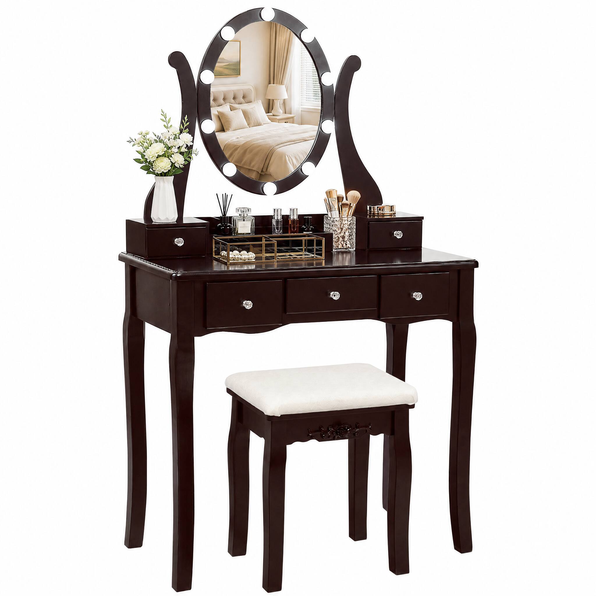 Left. WELLFOR - Makeup Vanity Table Set with 360° Rotatable Oval Mirror, 5 Drawers, Dressing Table with Padded Stool for Bedroom - Coffee.