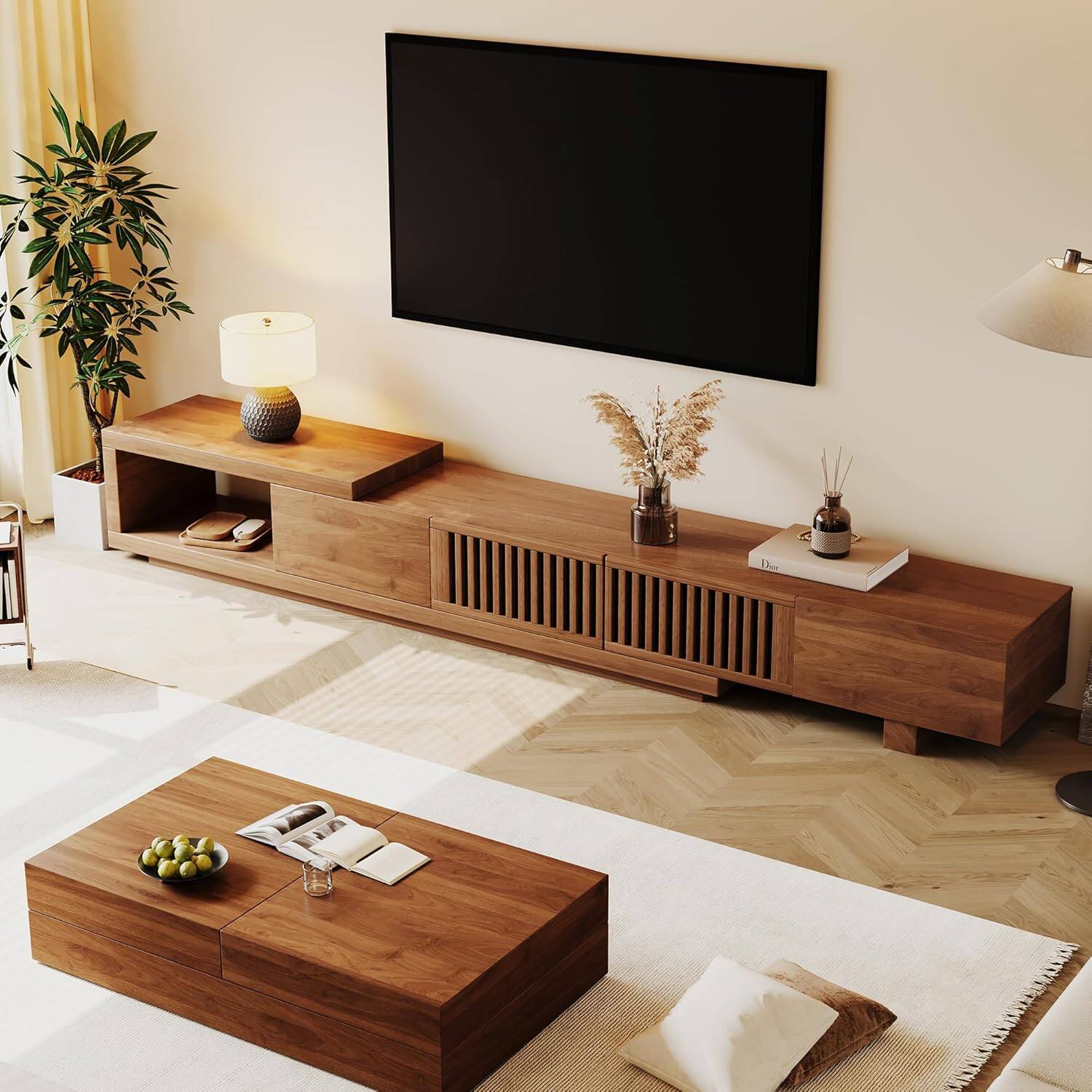 Alt View 3. luck idea - Extendable 78.54" Media Console TV Stand with Spacious Storage, Adjustable Entertainment Center for Living Room - Walnut color.