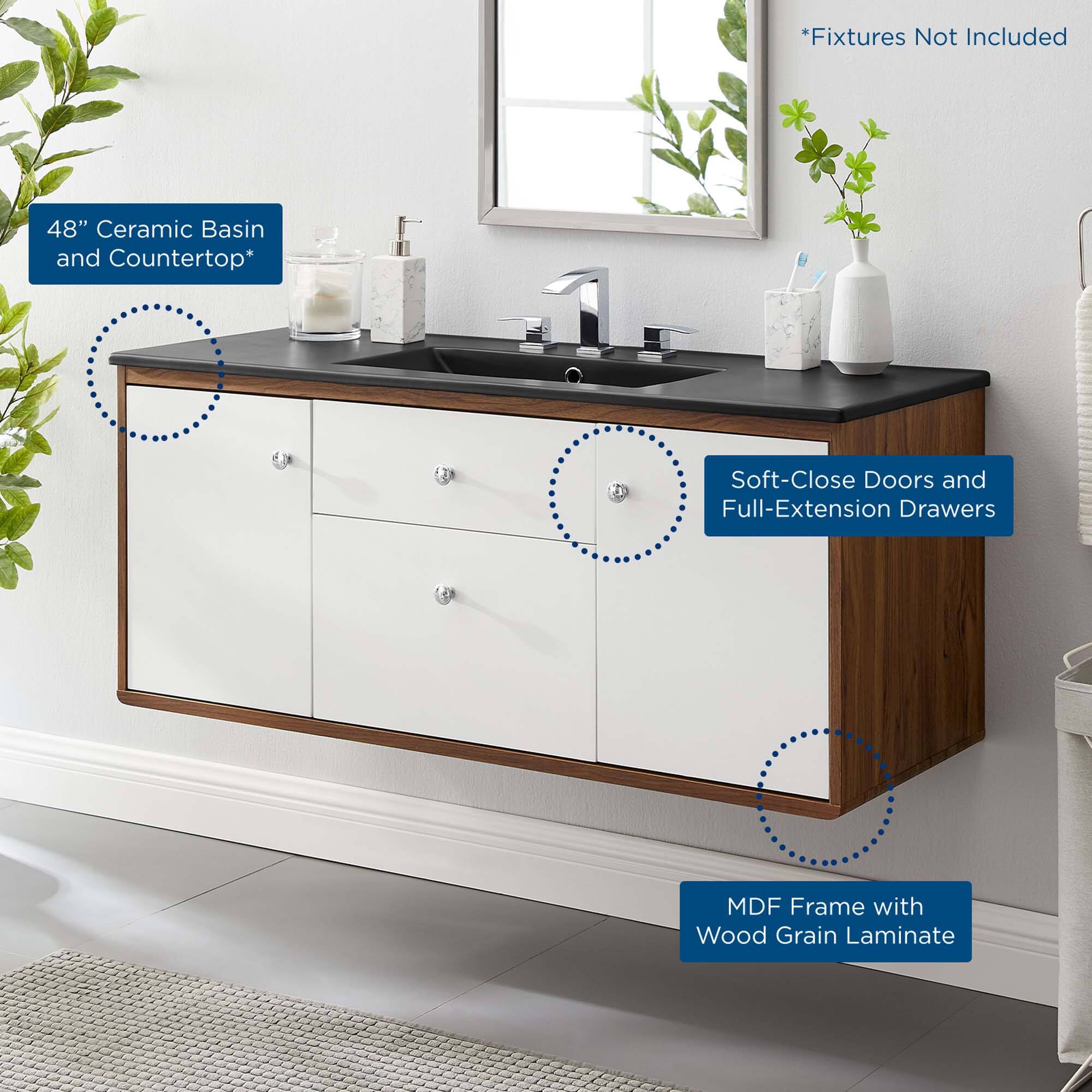 *Fixtures Not Included  
48" Ceramic Basin and Countertop*  
Soft-Close Doors and Full-Extension Drawers  
MDF Frame with Wood Grain Laminate