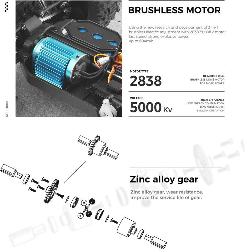 **BRUSHLESS MOTOR**

Using the new research and development of 3-in-1 brushless electric adjustment with 2838-5000KV motor, fast speed, strong explosive power, up to 60Km/h.

**MOTOR TYPE**
2838  
BL MOTOR 2838  
BRUSHLESS DRIVE MOTOR FOR MORE POWER

**VOLTAGE**
5000 Kv  
HIGH EFFICIENCY  
LOW ENERGY CONSUMPTION  
LOW NOISE (MUTE)  
SMOOTH OPERATION

**Zinc alloy gear**
Zinc alloy gear, wear resistance, improve the service life of gear.