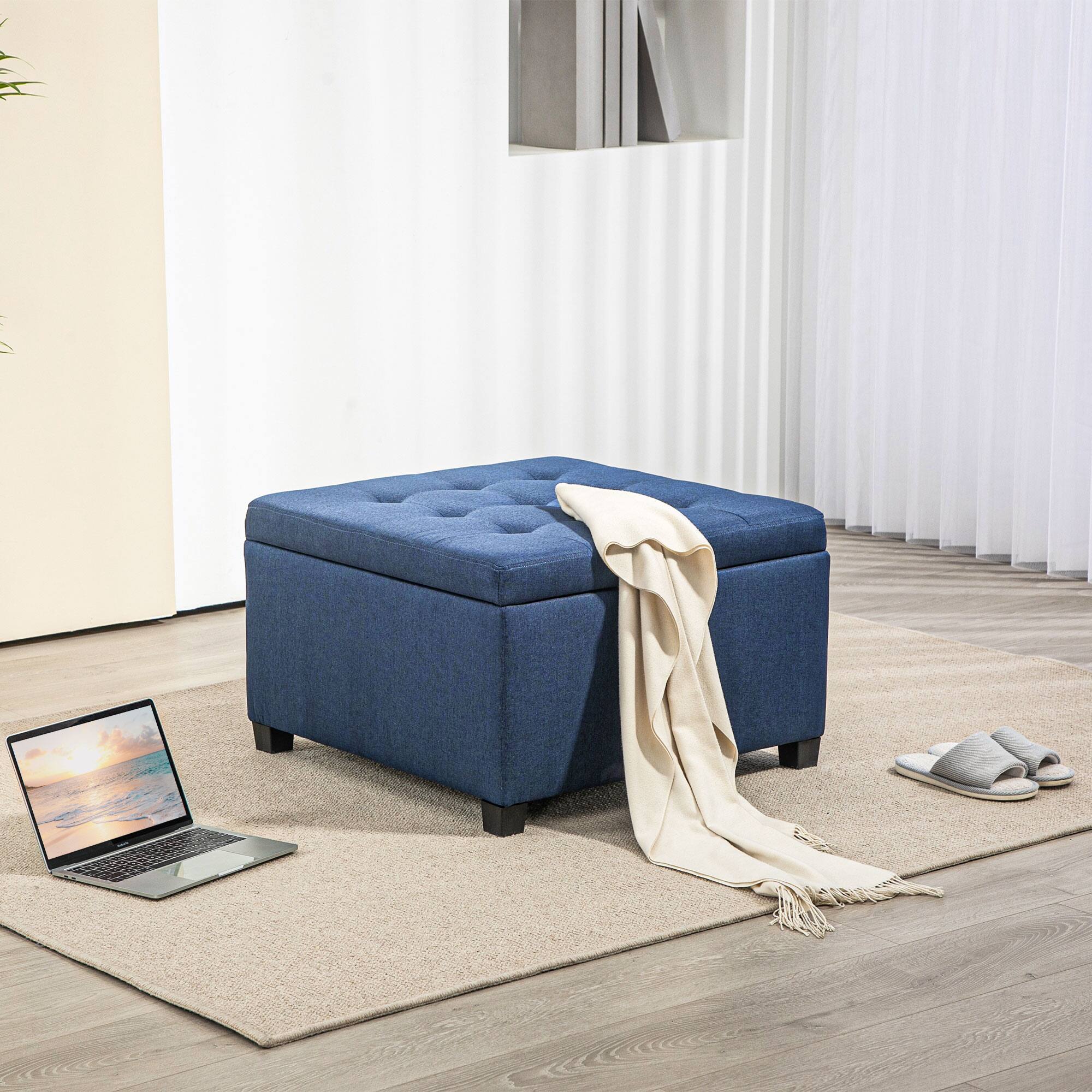 Alt View 1. Homcom - Square Fabric Tufted Storage Ottoman w/ Flip Top Lid & Eucalyptus Wood Frame - Blue.