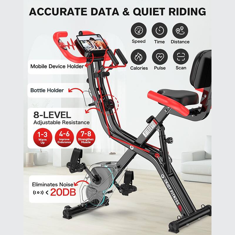 ACCURATE DATA & QUIET RIDING

- Speed
- Time
- Distance
- Calories
- Pulse
- Scan

Mobile Device Holder
Bottle Holder

8-LEVEL Adjustable Resistance
- 1-3 Warm Up
- 4-6 Improve Endurance
- 7-8 Strengthen Muscle

Eliminates Noise ((0)) < 20DB

ENJOY FITNESS