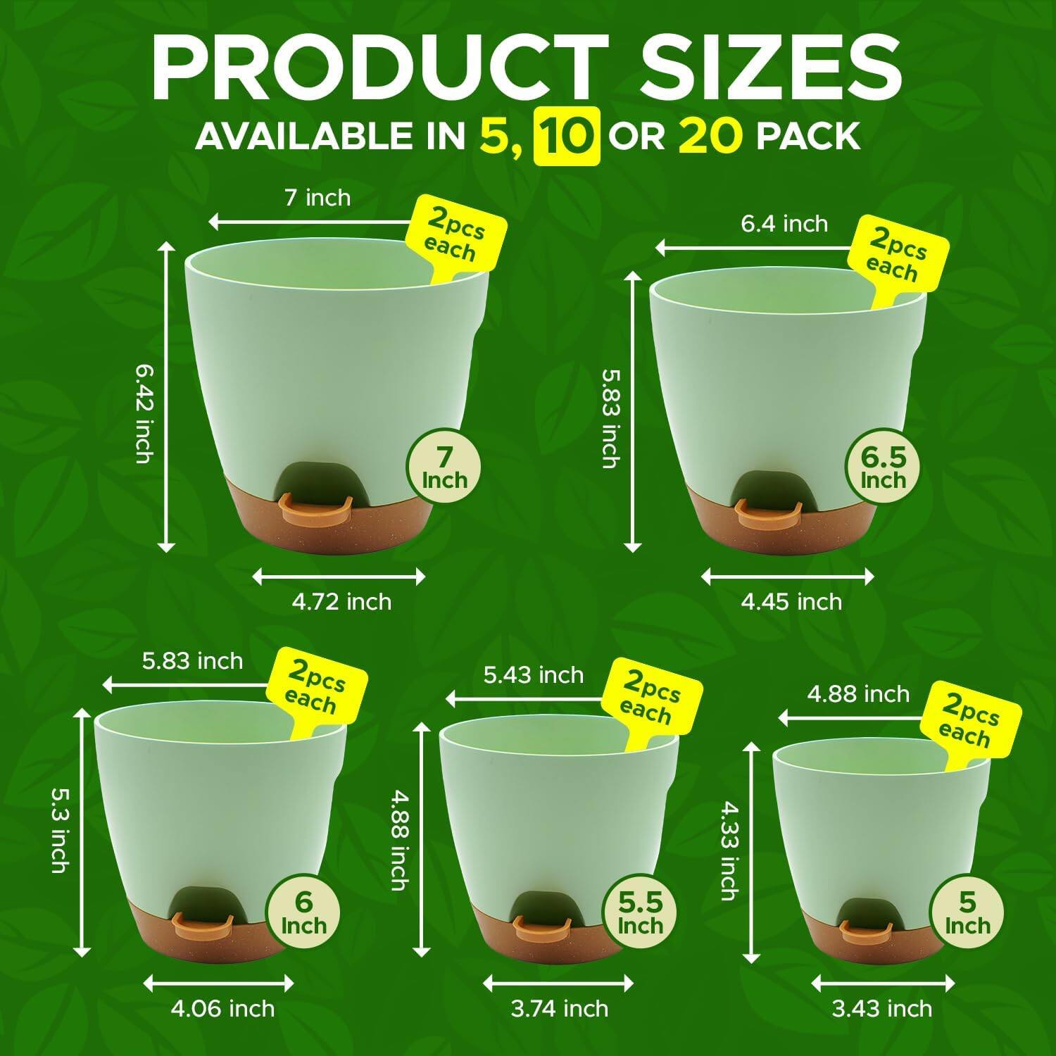 The product sizes available in 5, 10, or 20 packs are:

- 7 inch: 2 pieces each
- 6.4 inch: 2 pieces each
- 6.5 inch: 2 pieces each
- 6 inch: 2 pieces each
- 5.5 inch: 2 pieces each
- 5 inch: 2 pieces each

The dimensions for each size are:

- 7 inch: 6.42 inch height
- 6.4 inch: 5.83 inch height
- 6.5 inch: 4.72 inch height
- 6 inch: 4.45 inch height
- 5.5 inch: 5.3 inch height
- 5 inch: 4.06 inch height