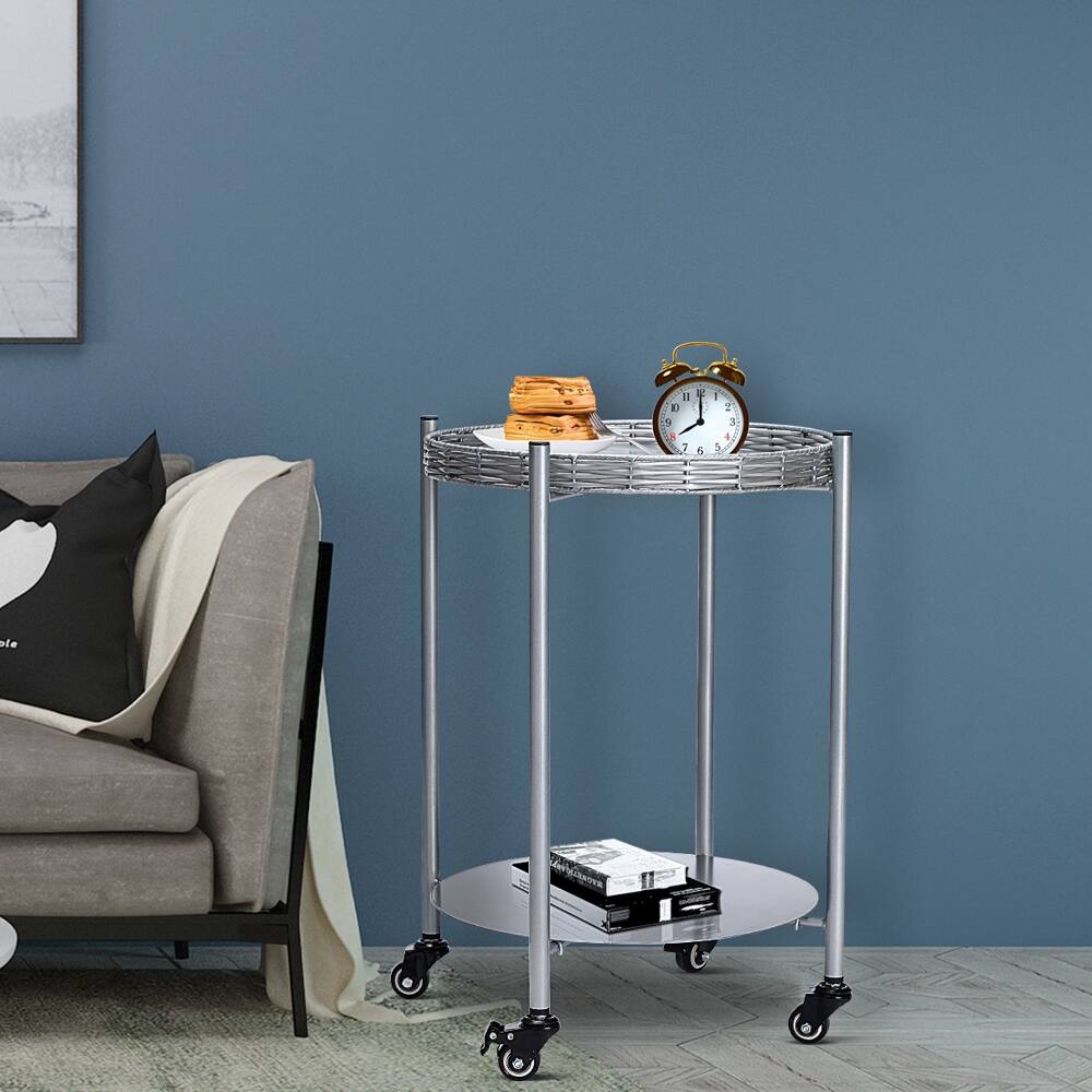 Angle. Loheer - Loheer Round Coffee Table with Wheels 2-Tier Movable Metal Side Table Silver Rolling Nightstand for Living Room Bedroom - Silver.