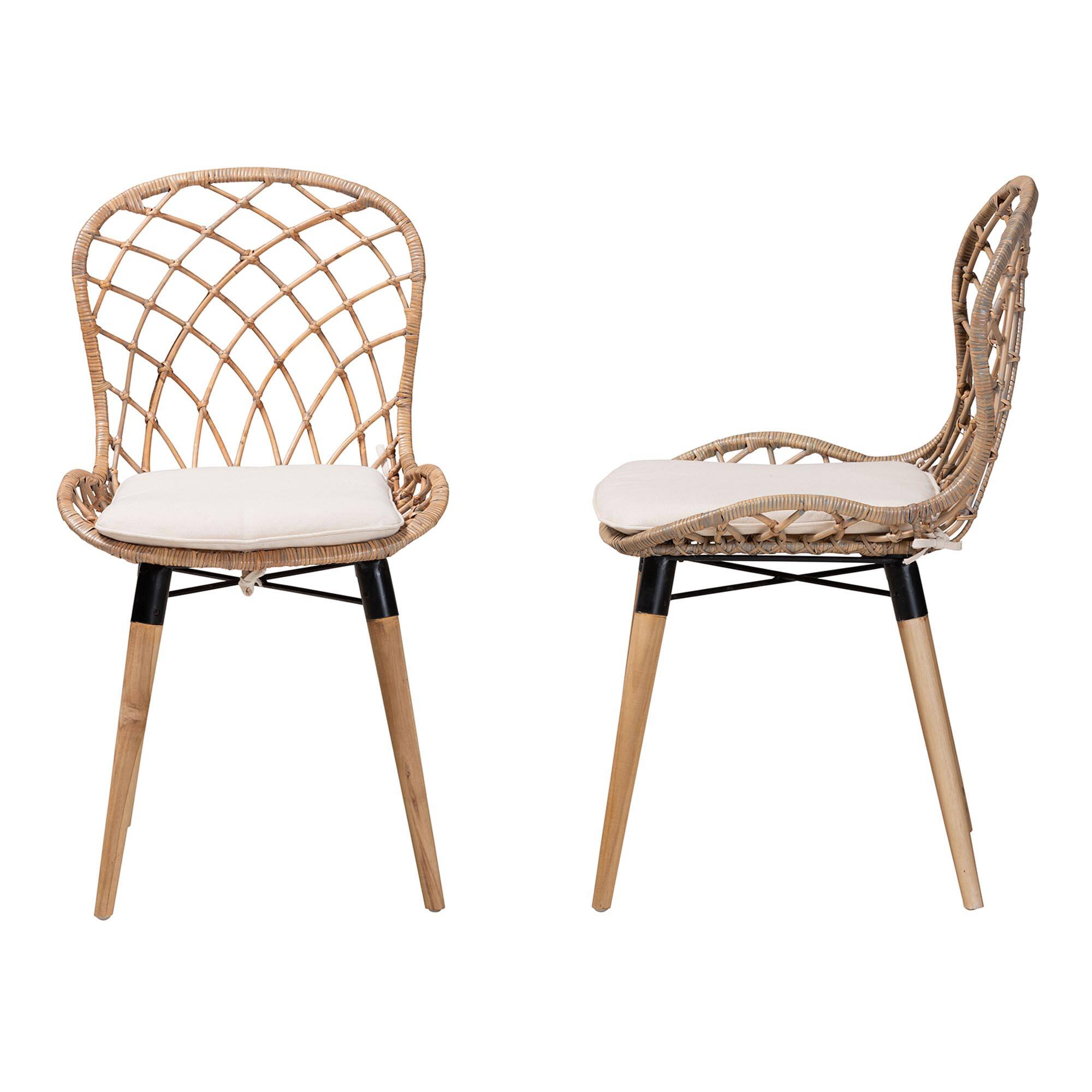 Left. bali & pari - Sabelle Modern Bohemian Finished Teak Wood and Rattan 2-Piece Dining Chair Set - Greywash/Natural Brown/White.