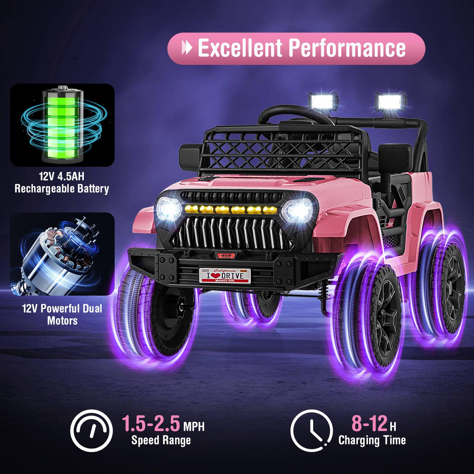 Excellent Performance

12V 4.5AH Rechargeable Battery

12V Powerful Dual Motors

1.5-2.5 MPH Speed Range

8-12 H Charging Time