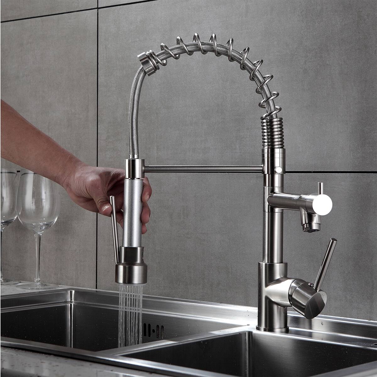 Alt View 1. Ropilly - Ropilly Pull Down Kitchen Faucet Brushed Nickel Single Handle Kitchen Faucet with Dual Spout - Brushed Nickel.