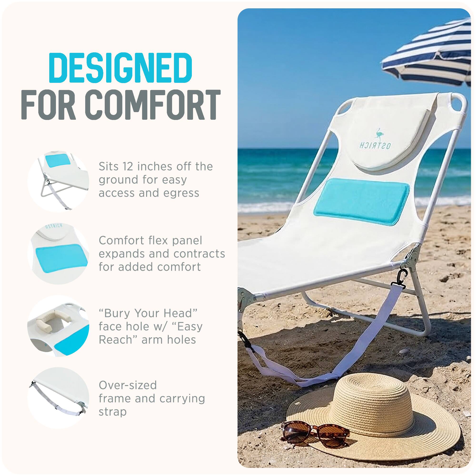DESIGNED FOR COMFORT

- Sits 12 inches off the ground for easy access and egress
- Comfort flex panel expands and contracts for added comfort
- "Bury Your Head" face hole w/ "Easy Reach" arm holes
- Over-sized frame and carrying strap