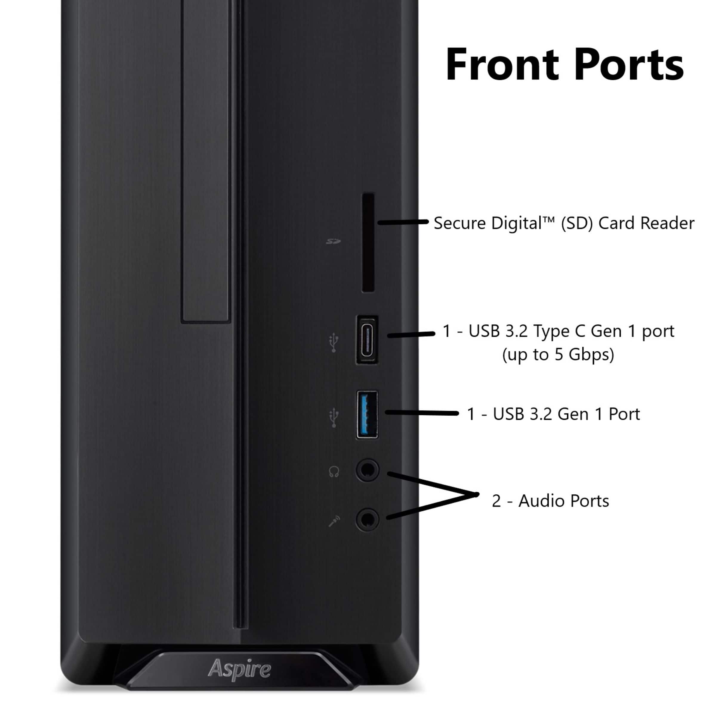 Front Ports:
1. Card Reader: Secure Digital (SD)
2. USB 3.2 Type C Gen 1 port (up to 5 Gbps)
3. USB 3.2 Gen 1 Port
4. Audio Ports