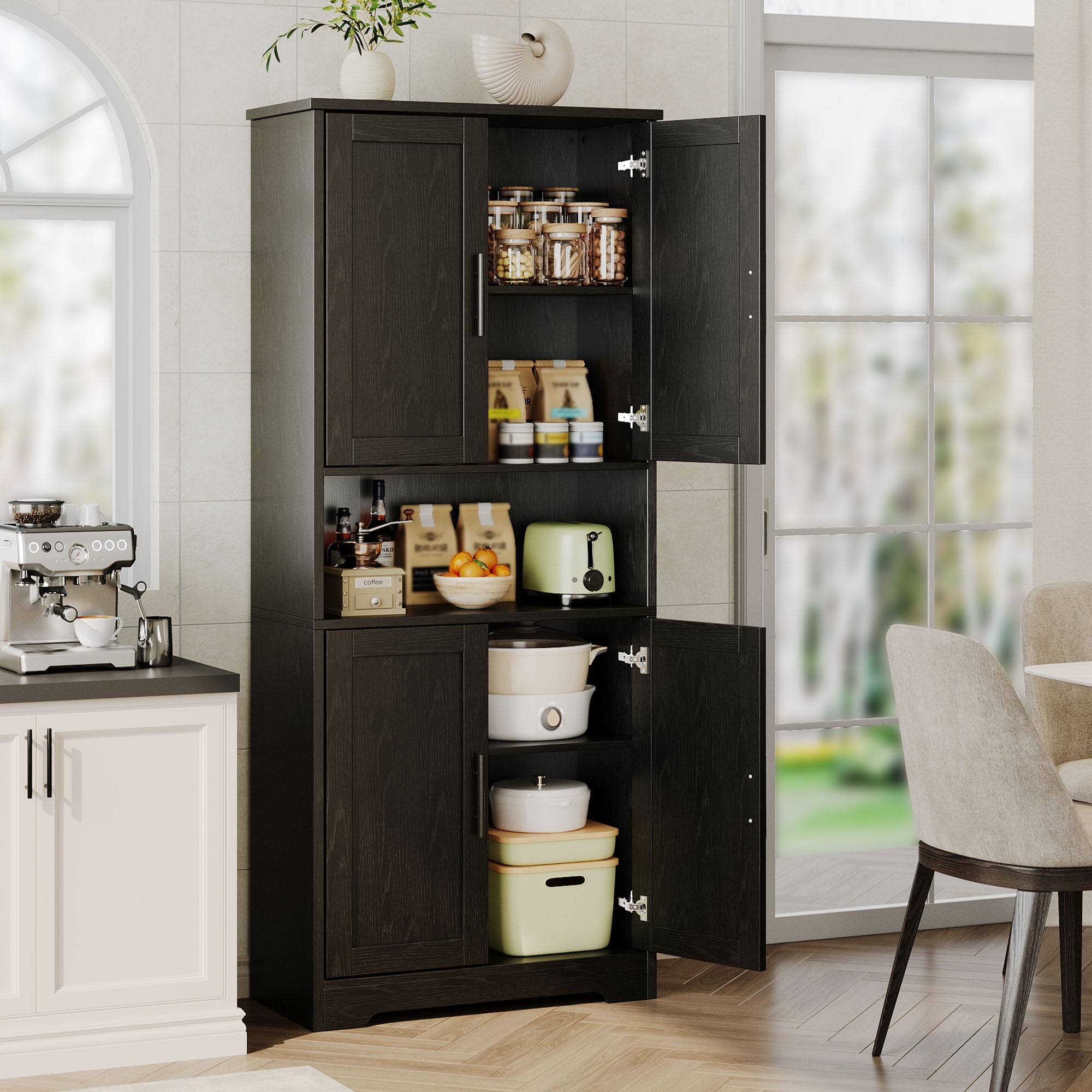 Back. Babevy - 70" Tall Freestanding Kitchen Pantry Cabinet with 4 Doors & Adjustable Shelves, Modern Storage Hutch - Black.