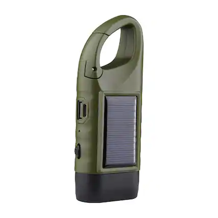 Front. Cluzine - Solar Hand Crank Rechargeable Flashlight, 3 LED, Emergency Power Bank, Carabiner for Camping.