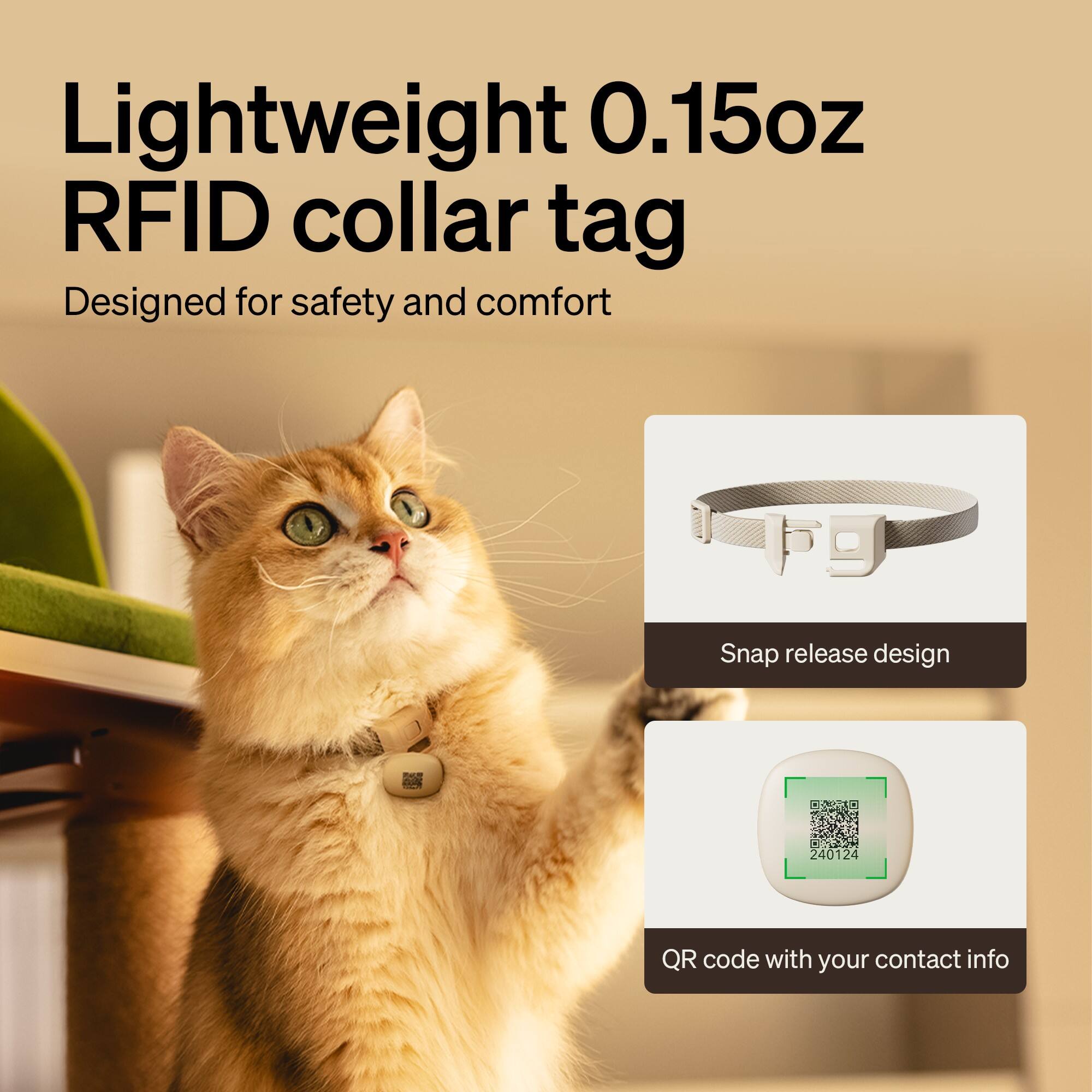 Lightweight 0.15oz RFID collar tag Designed for safety and comfort Snap release design 240124 QR code with your contact info