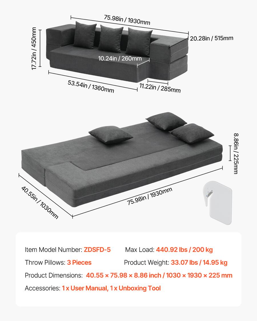 Zdsfd Rgff VEVOR Folding Sofa Bed, 3 in 1 Foldable Couch Bed with 3 Pillows and ...