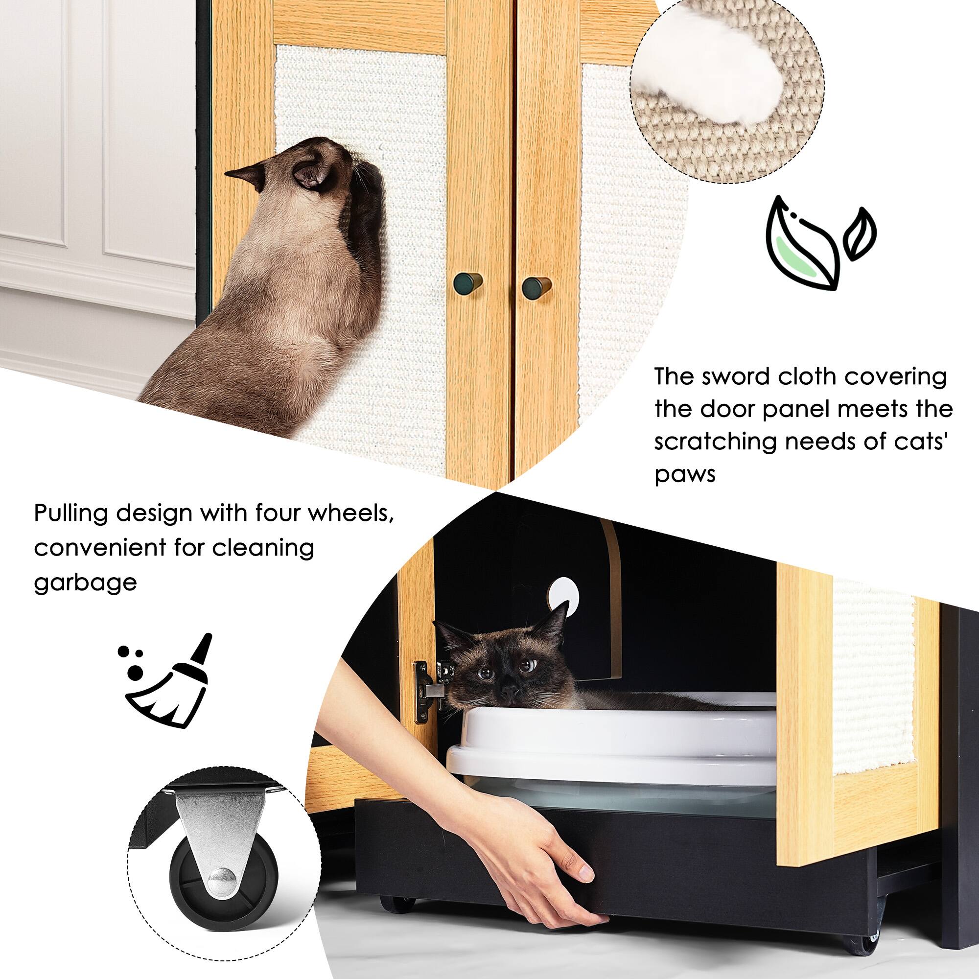 Pulling design with four wheels, convenient for cleaning garbage

The sword cloth covering the door panel meets the scratching needs of cats' paws
