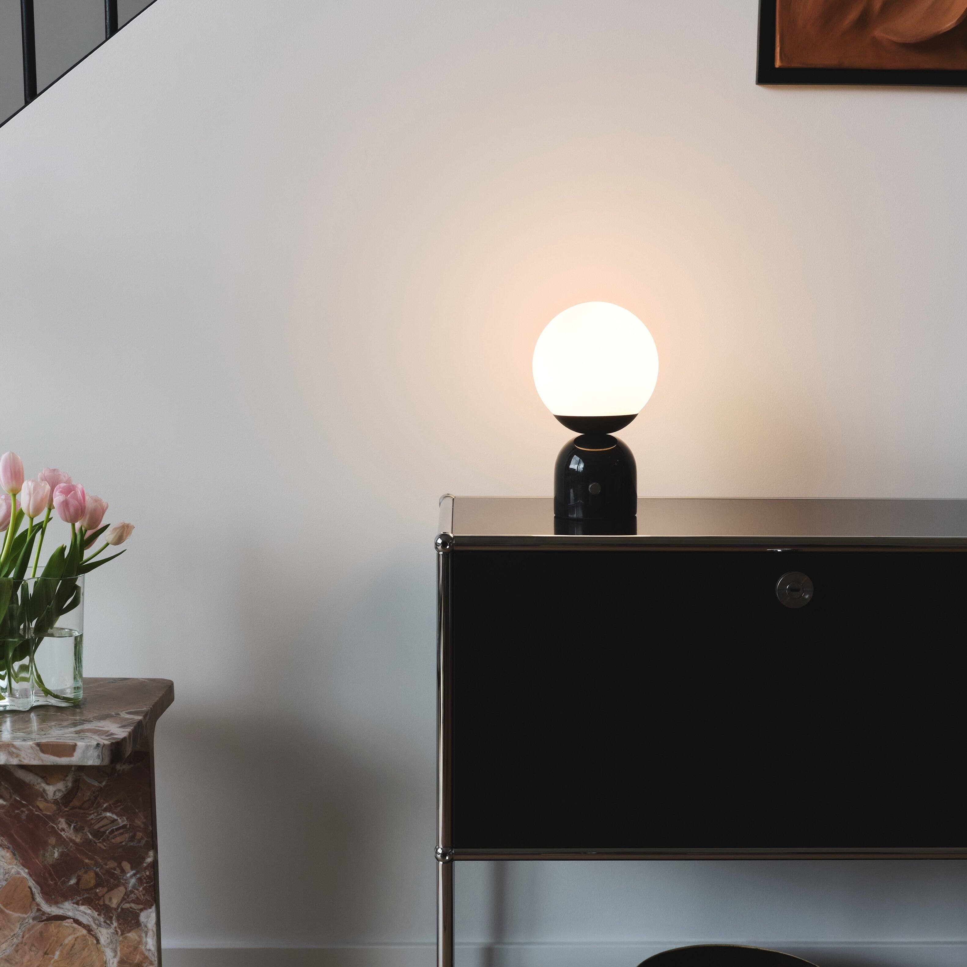 Alt View 6. Brightech - Mila LED Modern Contemporary Round Globe Dimmable Bedside Nightstand Desk Lamp with Frosted White Glass Shade - Glossy Classic Black Marble.